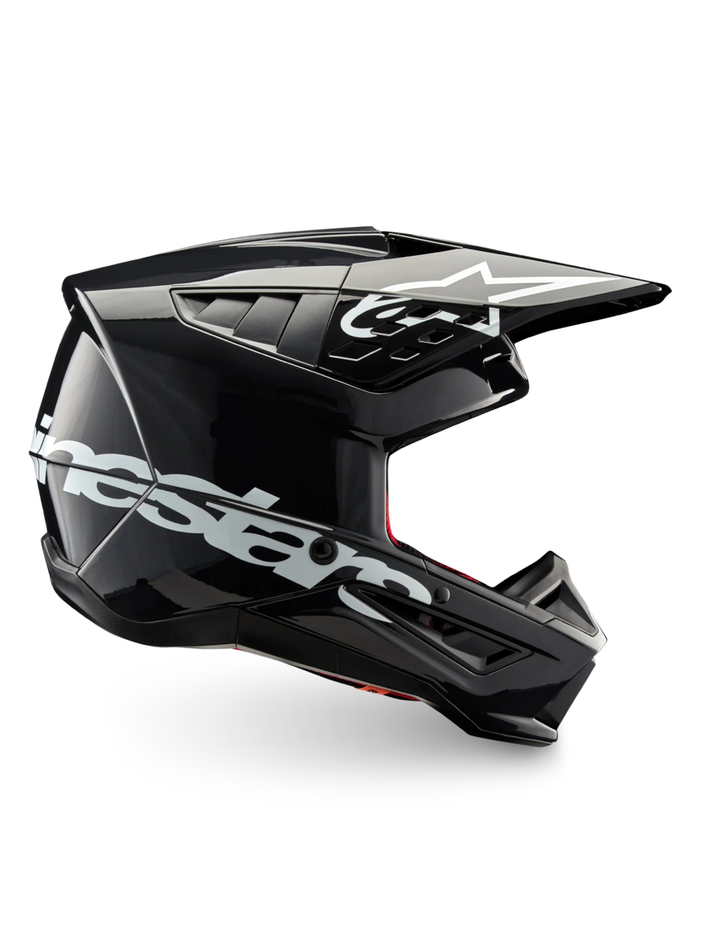 Alpinestars S-M5 Corp motocrosshjälm, mörkgrå glansig finish, ECE 22.06-certifierad med ett lätt termoplastskal och vit logotyp.