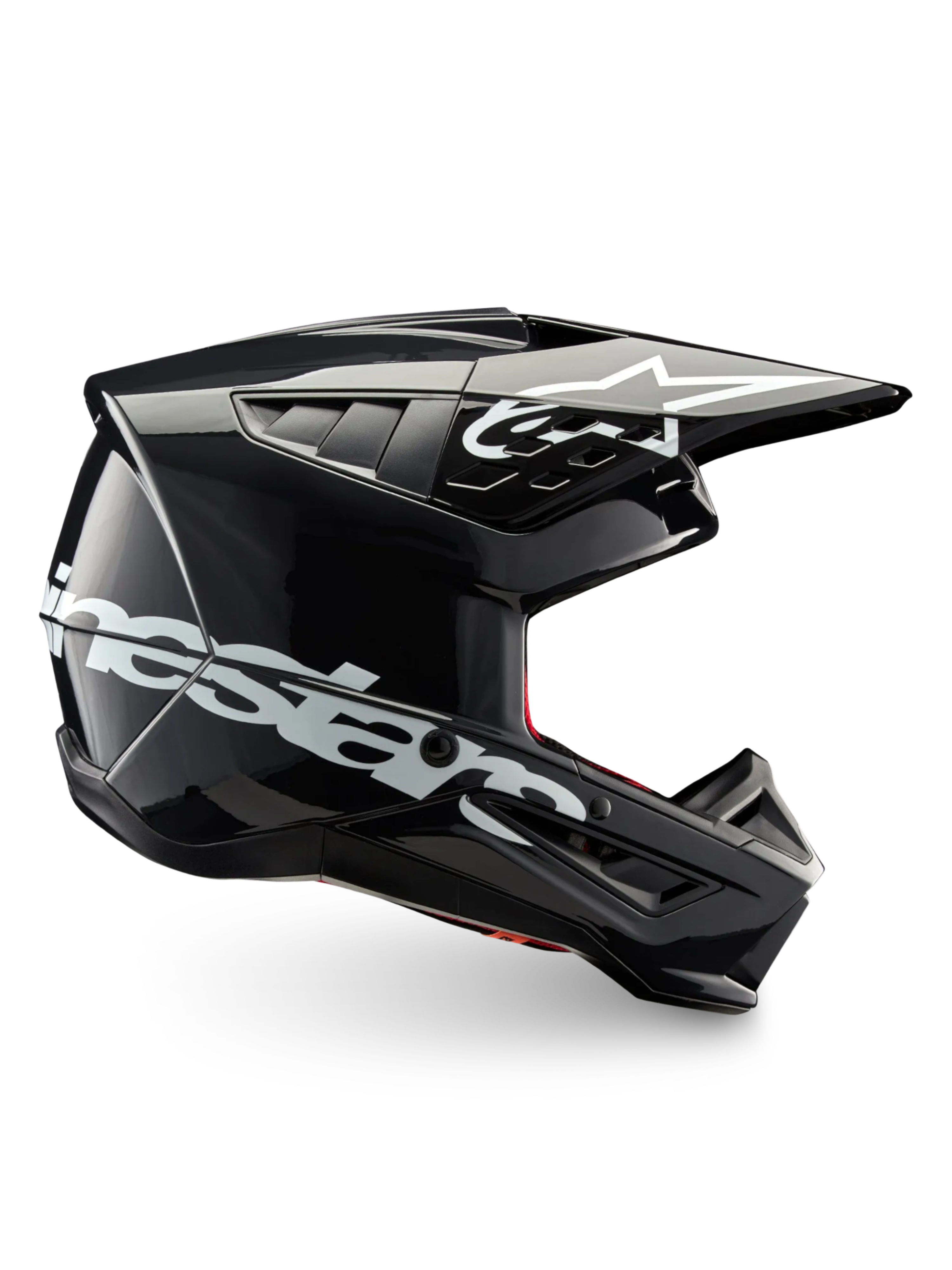 Alpinestars S-M5 Corp motocrosshjälm, mörkgrå glansig finish, ECE 22.06-certifierad med ett lätt termoplastskal och vit logotyp.