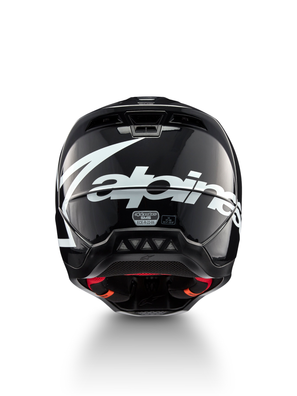 Alpinestars S-M5 Corp motocrosshjälm, mörkgrå glansig, storlek M, vy bakifrån med vit logotyp, ECE 22.06-certifierad.