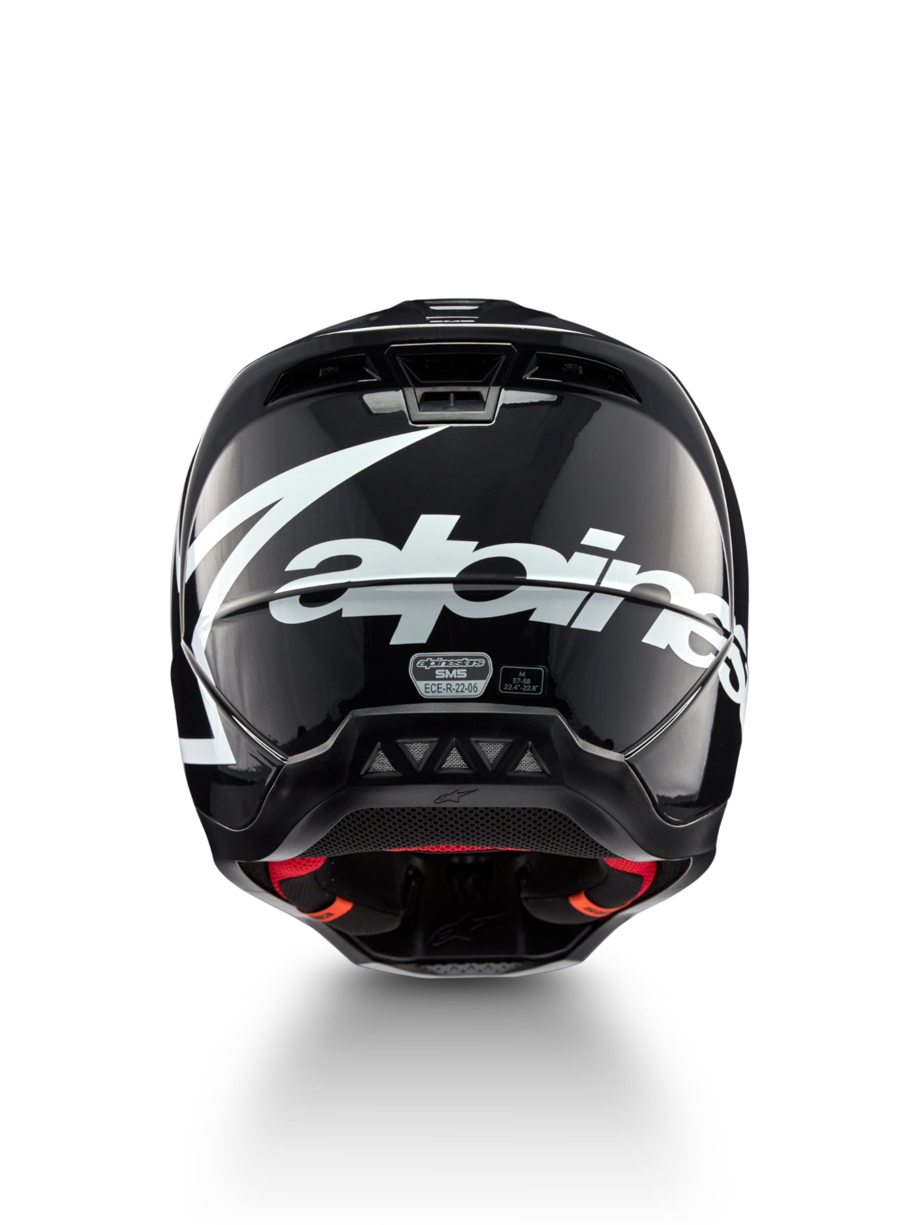 Alpinestars S-M5 Corp motocrosshjälm, mörkgrå glansig, storlek M, vy bakifrån med vit logotyp, ECE 22.06-certifierad.