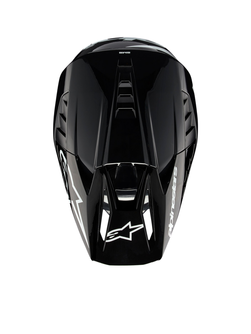 Alpinestars S-M5 Corp motocrosshjälm, mörkgrå glansig, ECE 22.06-certifierad, vy ovifrån som visar ventilation.