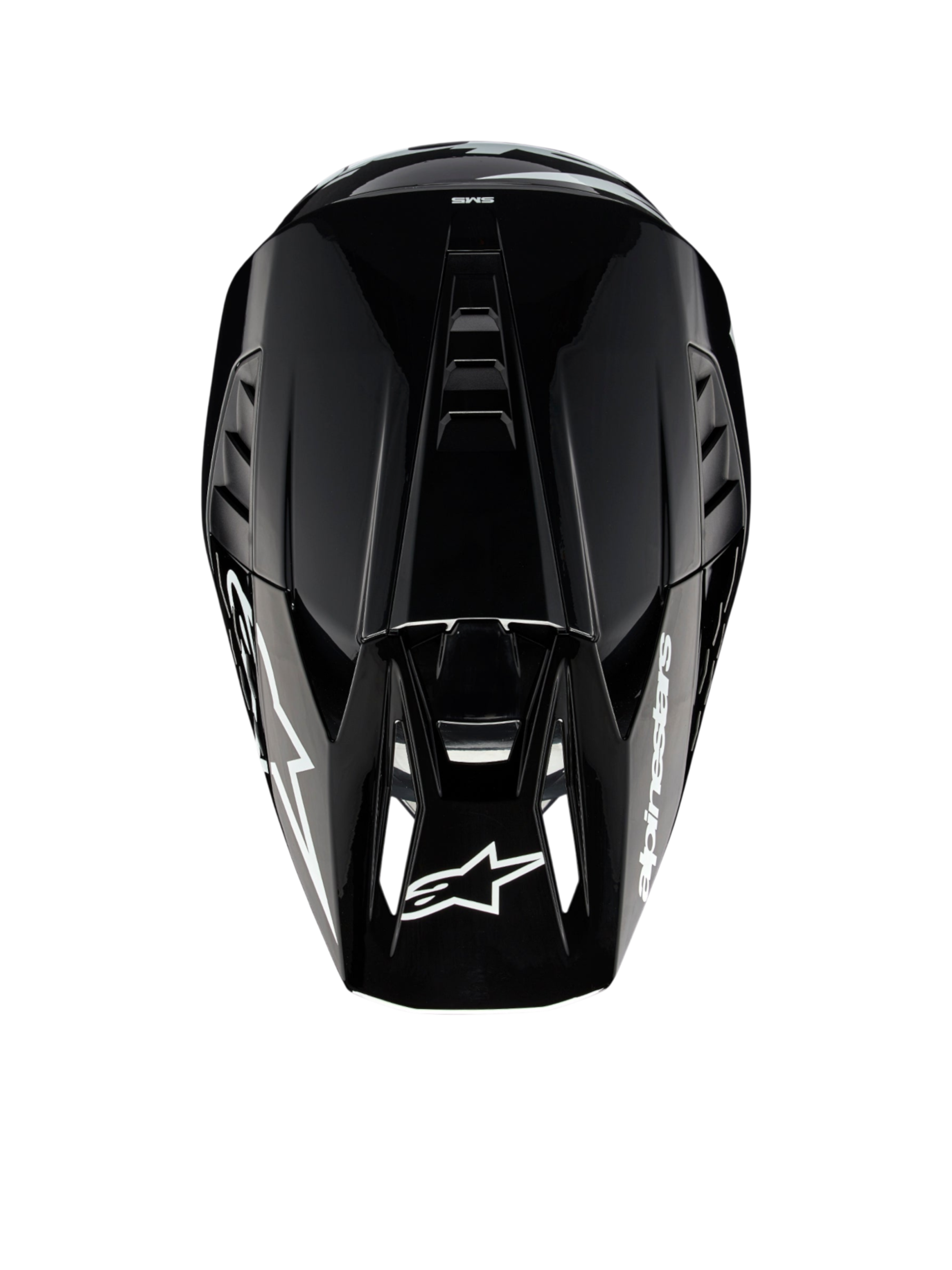 Alpinestars S-M5 Corp motocrosshjälm, mörkgrå glansig, ECE 22.06-certifierad, vy ovifrån som visar ventilation.