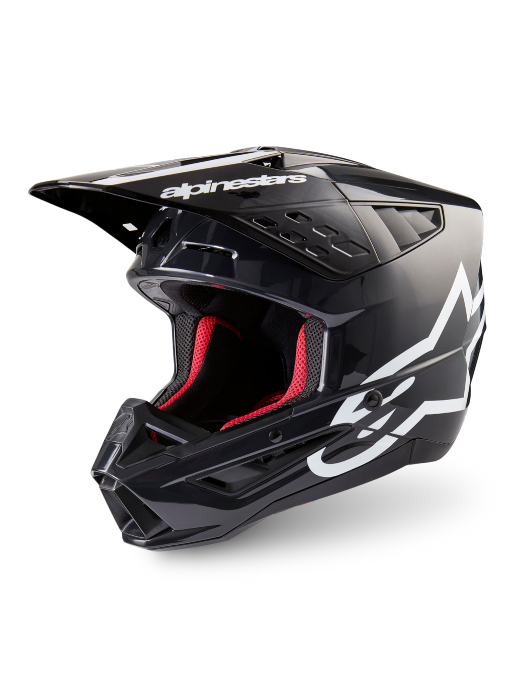 Alpinestars S-M5 Corp motocrosshjälm, mörkgrå glansig och vit MC-hjälm, ECE 22.06-certifierad med rött innerfoder.