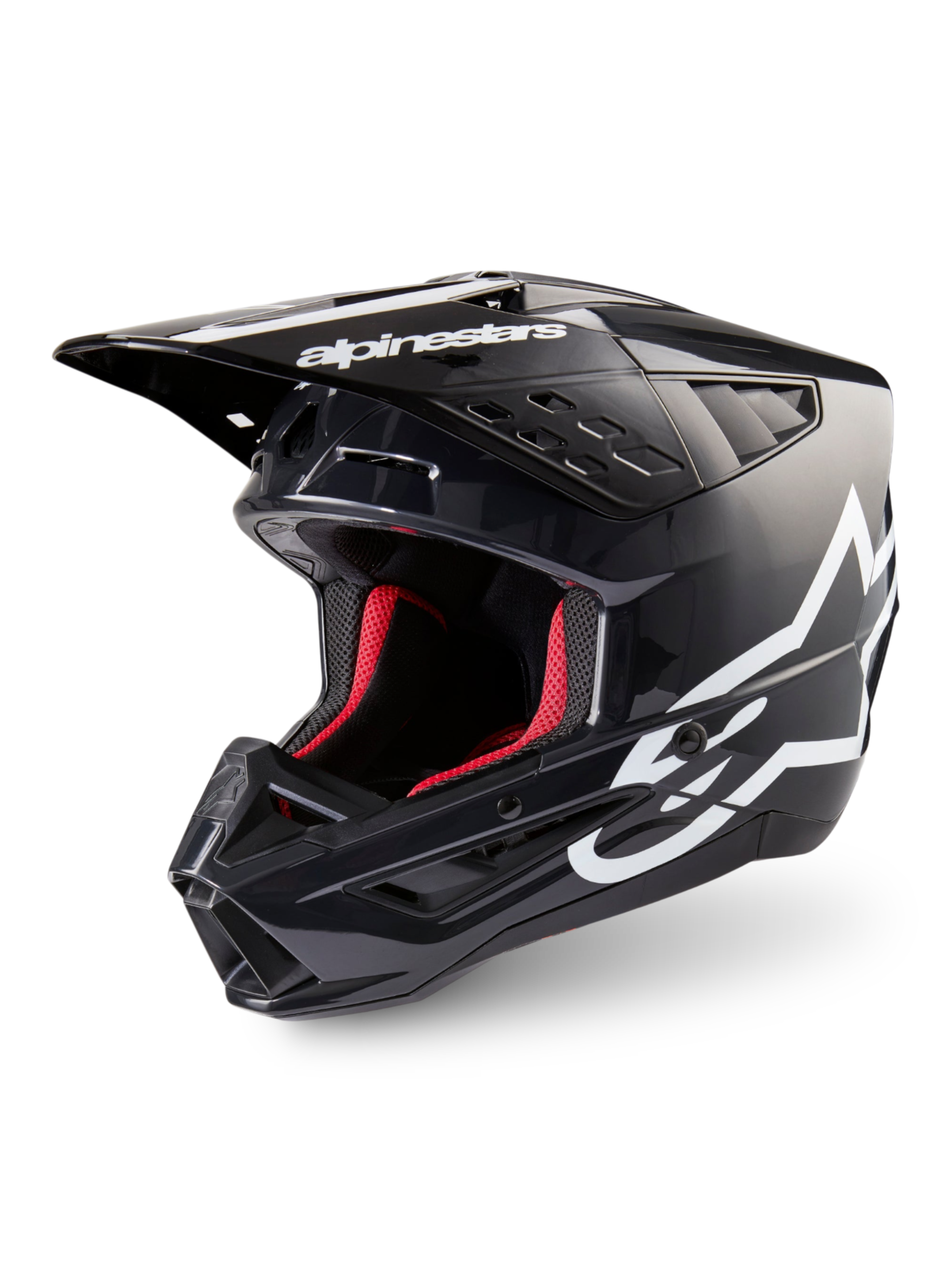 Alpinestars S-M5 Corp motocrosshjälm, mörkgrå glansig och vit MC-hjälm, ECE 22.06-certifierad med rött innerfoder.