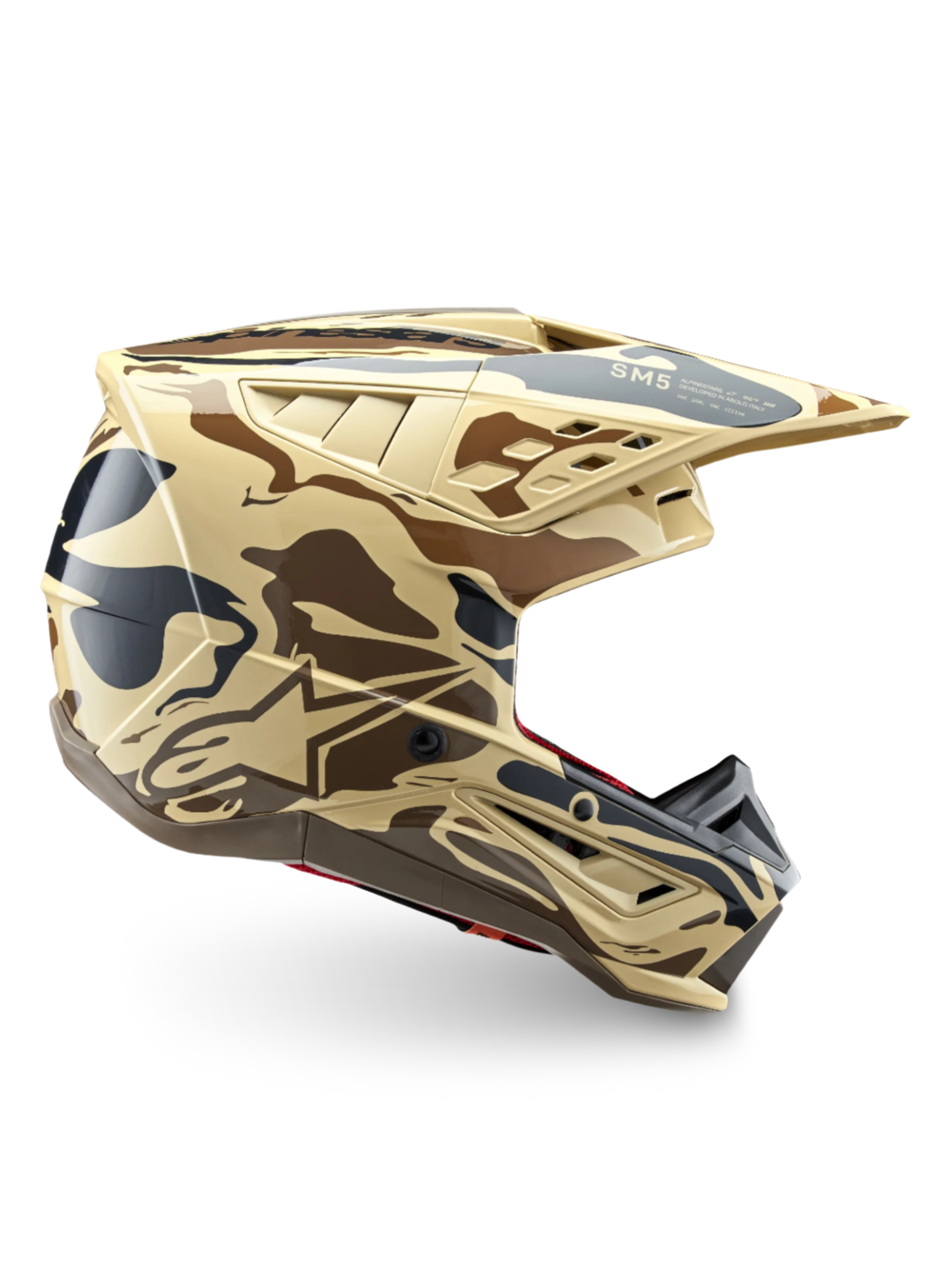 Alpinestars S-M5 Mineral motocrosshjälm med beige och brunt kamouflagemönster, ECE 22.06-certifierad för terrängkörning.