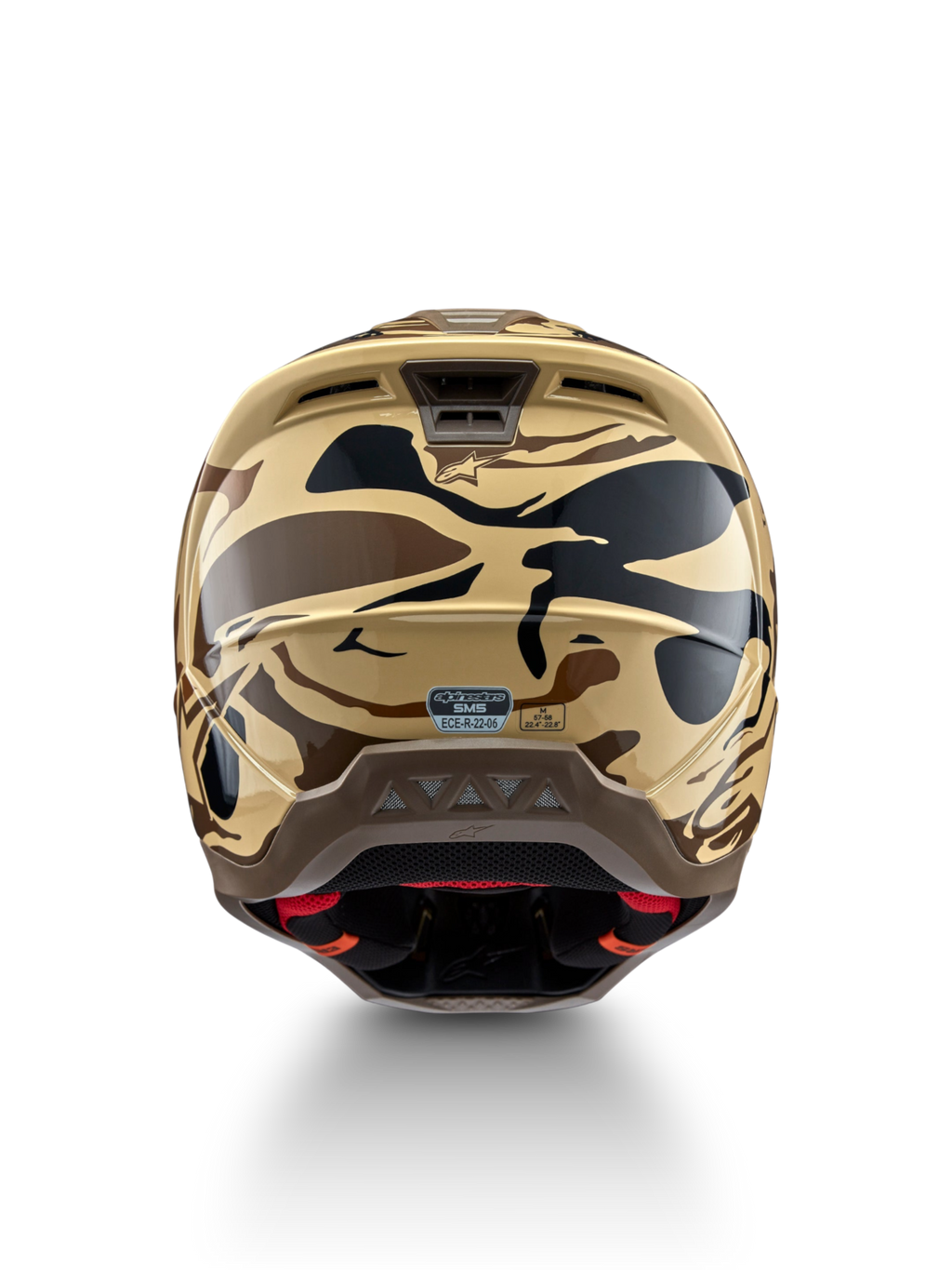 Alpinestars S-M5 Mineral Motocross Helmet, rear view in Matte Brown and Black camo, ECE 22.06 certified protection.
