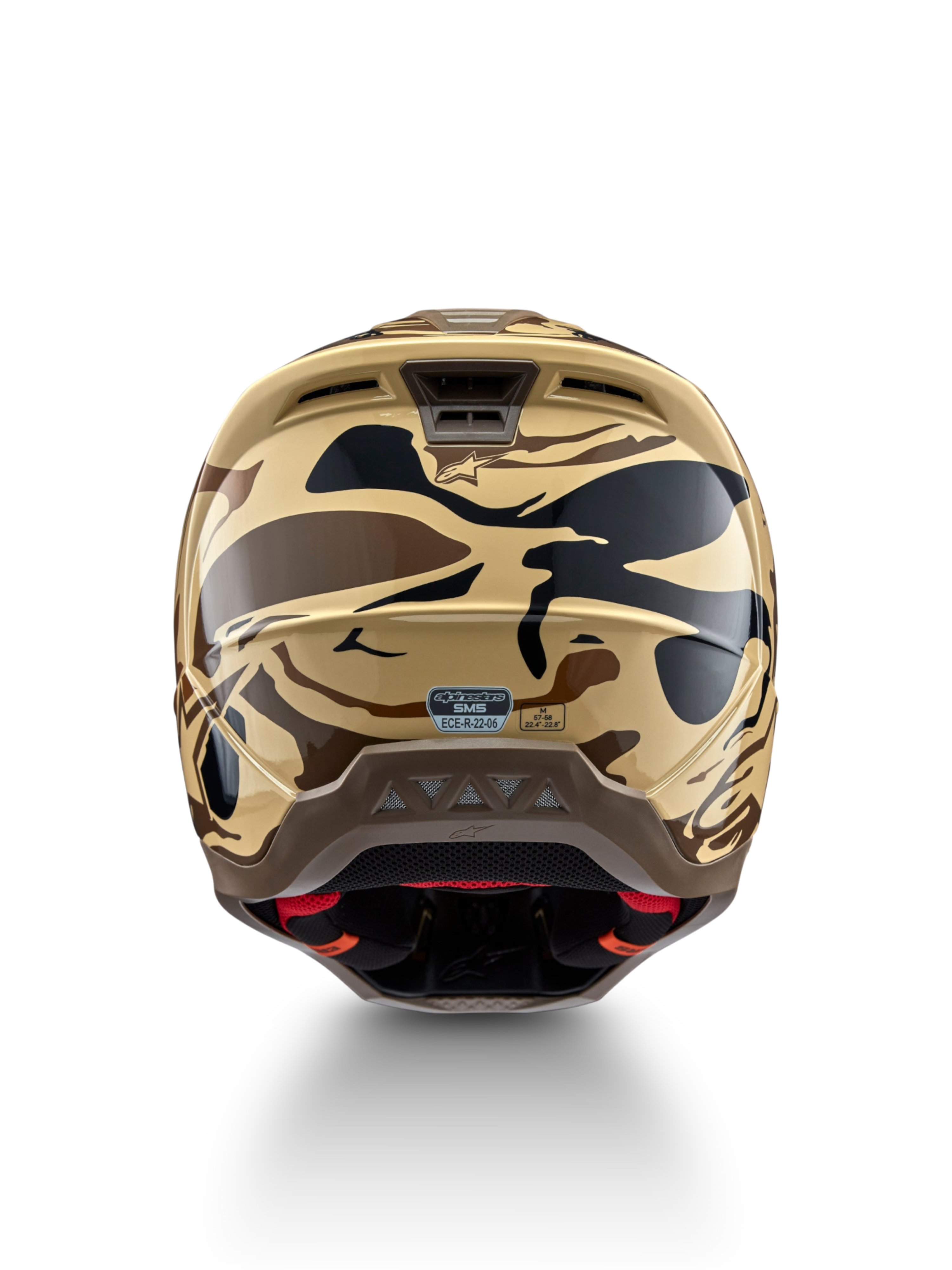 Alpinestars S-M5 Mineral Motocross Helmet, rear view in Matte Brown and Black camo, ECE 22.06 certified protection.
