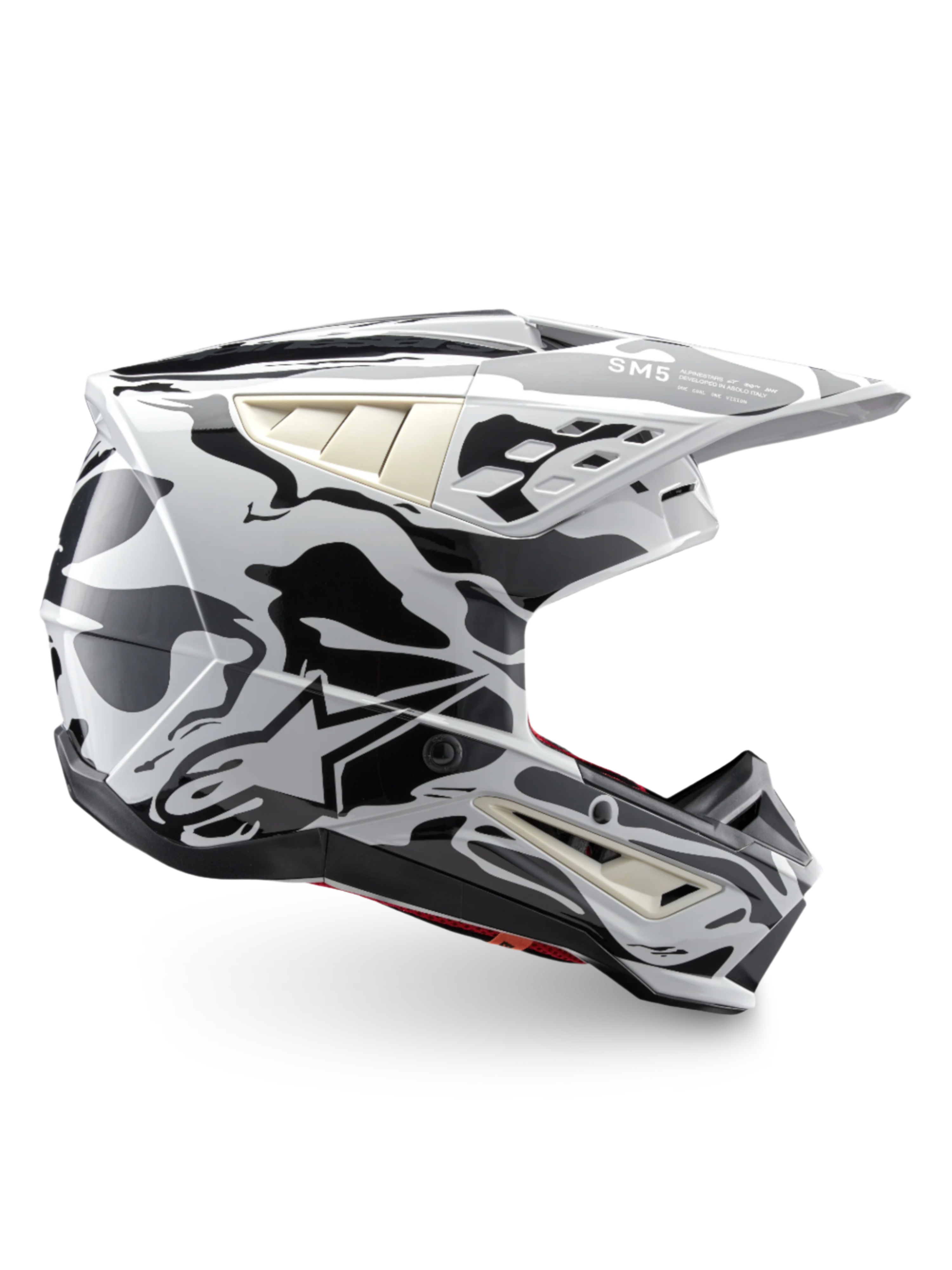 Alpinestars S-M5 Mineral hjälm, kallgrå och mörkgrå motocrosshjälm, ECE 22.06-certifierad med kamouflagemönster.