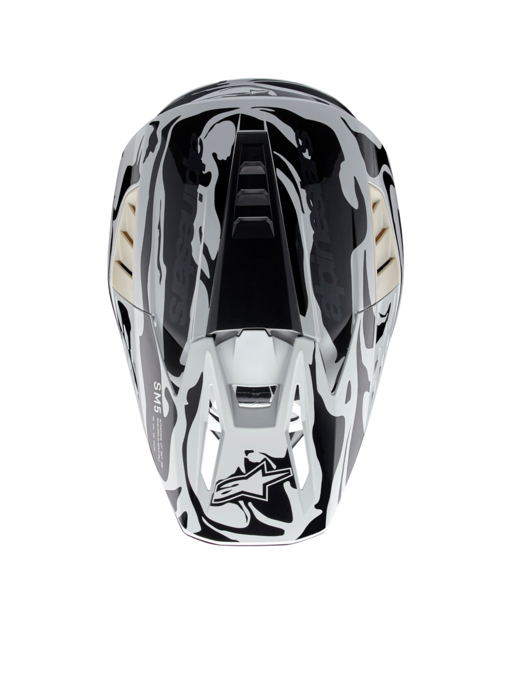 Alpinestars S-M5 Mineral Helmet, ECE certified motocross helmet in Cool Gray and Dark Gray glossy, top view.