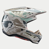 Alpinestars S-M5 Mineral Helmet ECE, Motocross Helmet, Warm Gray and Celadon Green Glossy, featuring a mineral camouflage pattern, side profile view with sleek aerodynamic design, large visor, and multiple ventilation intake ports
