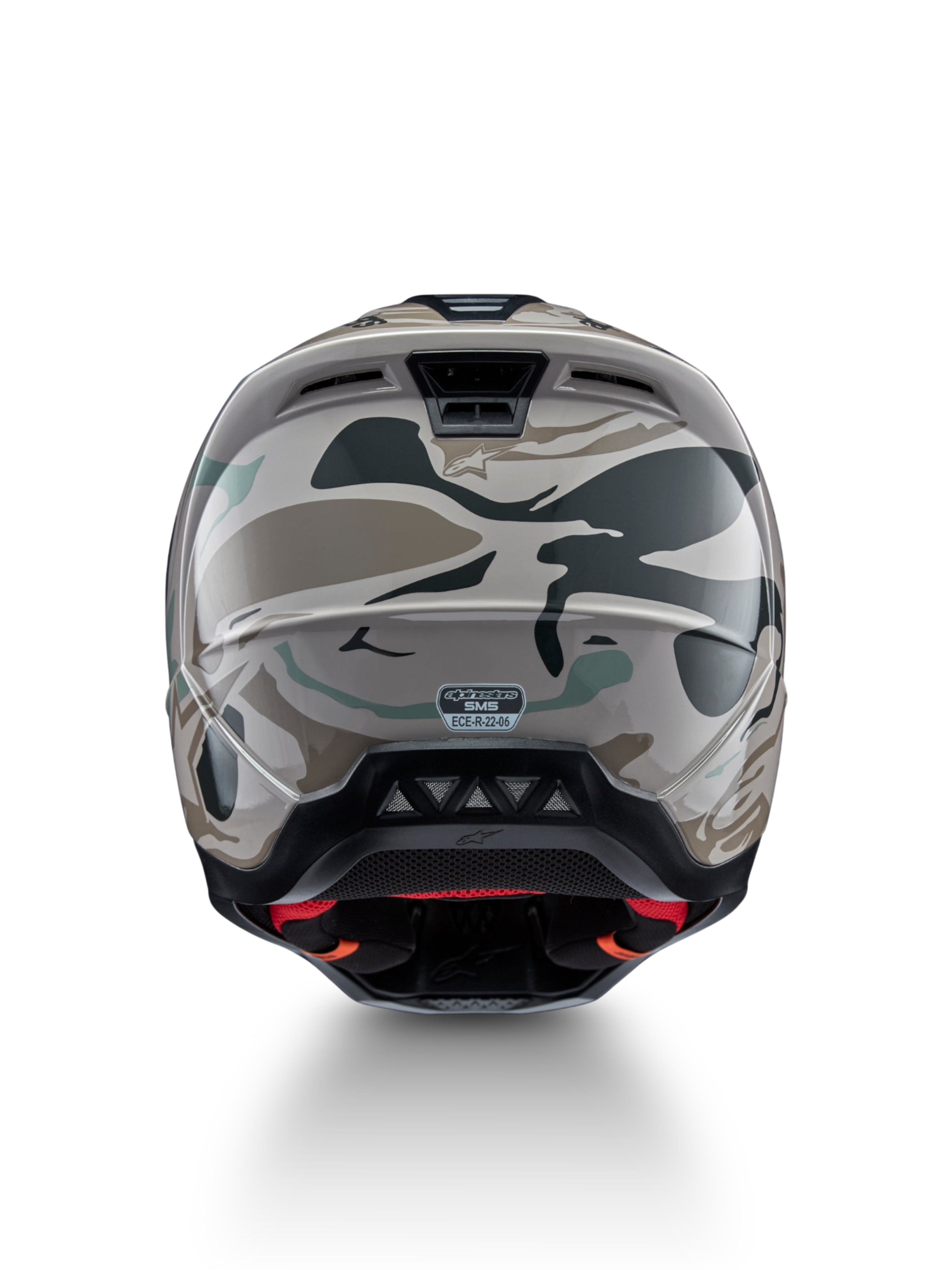 Alpinestars S-M5 Mineral Helmet, rear view of motocross helmet in Warm Gray and Celadon Green camo, ECE 22.06 certified.