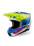 Alpinestars S-M5 Sail Helmet ECE, Motocross Helmet, Yellow Fluo, Enamel Blue and Silver Glossy, featuring an aerodynamic thermoplastic shell, red internal padding, and a high-flow ventilation visor for off-road performance