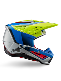 Alpinestars S-M5 Sail-hjälm ECE, motocrosshjälm, neongul, emaljblå och glansig silver, sidoprofil med röda detaljer och svart stjärnlogotyp, vinklad design med ventilationsöppningar, professionellt skydd för terrängkörning