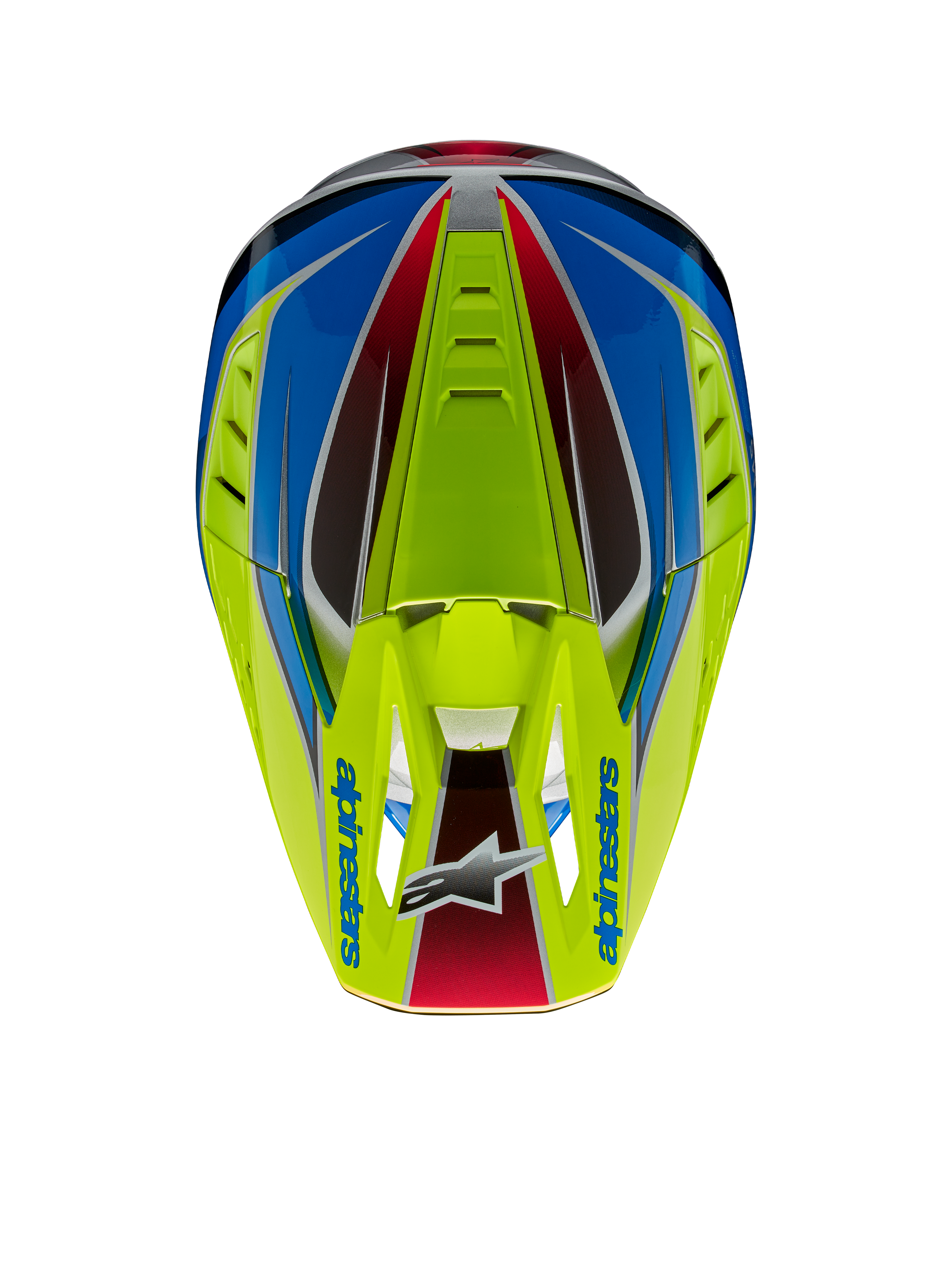 Alpinestars S-M5 Sail Helmet ECE, Motocross Helmet, Yellow Fluo, Enamel Blue, and Silver Glossy, top-down view highlighting the visor with Alpinestars logo and integrated air vents
