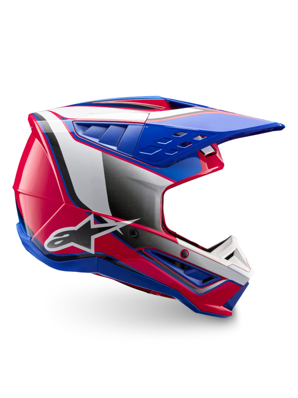 Alpinestars S-M5 Sail Helmet, ECE 22.06 Motocross Helmet in White, Diva Pink, and Enamel Blue, glossy finish.