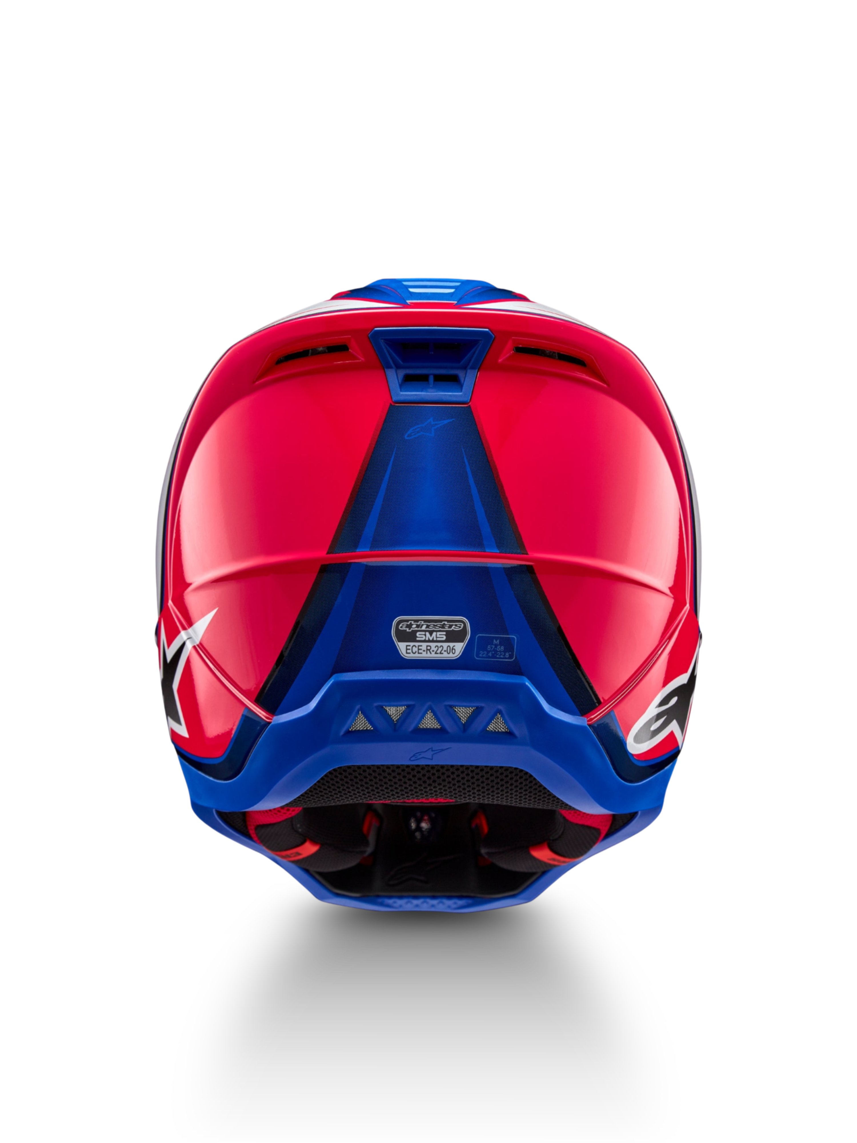 Alpinestars S-M5 Sail Helmet ECE 22.06, Motocross Racing Helmet, Diva Pink and Enamel Blue, Rear View showing ventilation exhausts and ECE 22.06 certification.