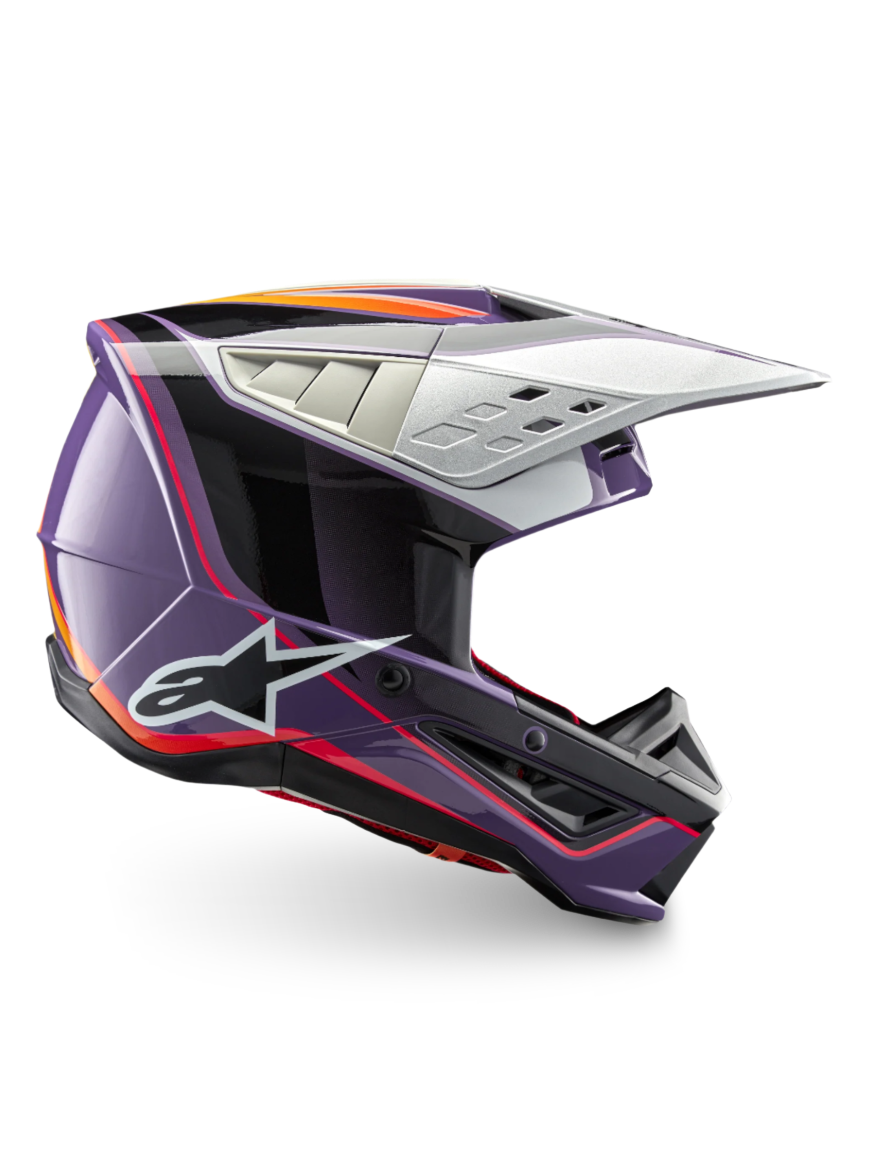Alpinestars S-M5 Sail hjälm, ECE 22.06-certifierad motocrosshjälm i glansig lila, svart och silver för off-road racing.