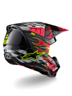 Alpinestars S-M5 Rash Helmet ECE, Motocross Helmet, Dark Gray Bright Red Glossy, featuring red flame graphics with yellow outlines, yellow Alpinestars logo, checkerboard patterns, and a yellow smiley icon on the rear, high-gloss finish with ventilation ports