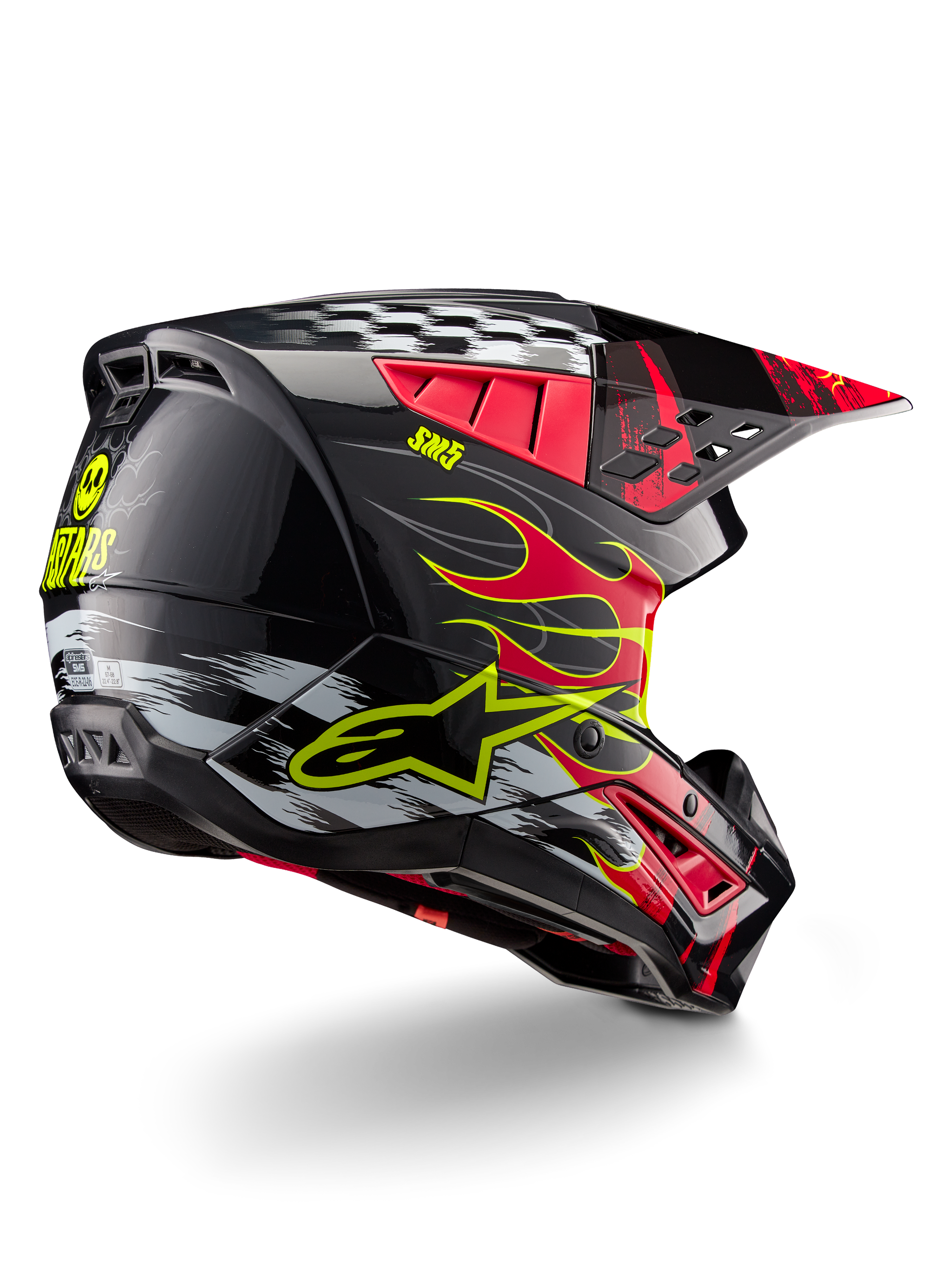 Alpinestars S-M5 Rash Helmet ECE, Motocross Helmet, Dark Gray Bright Red Glossy, featuring red flame graphics with yellow outlines, yellow Alpinestars logo, checkerboard patterns, and a yellow smiley icon on the rear, high-gloss finish with ventilation ports