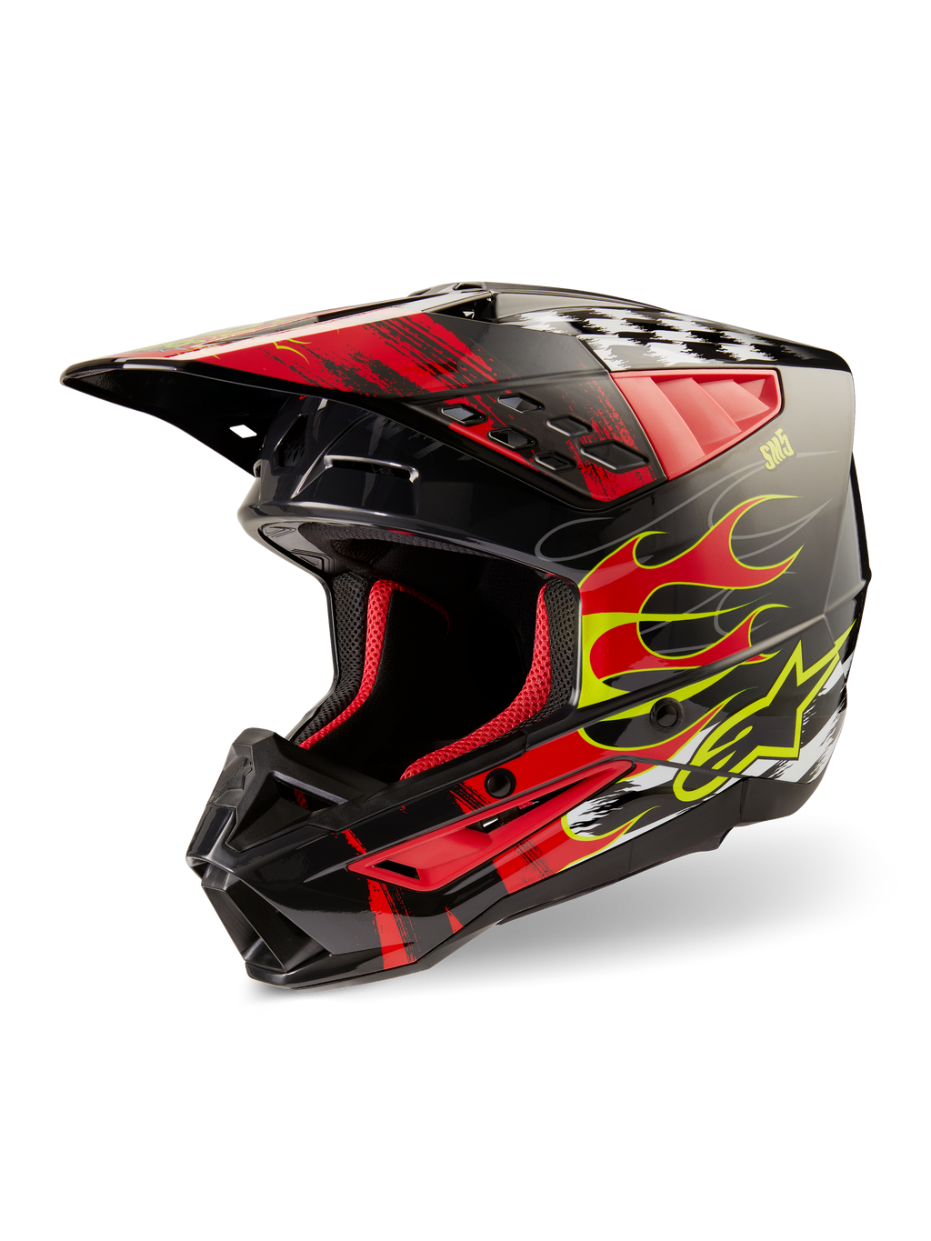 Alpinestars S-M5 Rash Helmet ECE, Motocross Helmet, Dark Gray and Bright Red Glossy, featuring yellow and red flame graphics, red interior padding, aerodynamic design with integrated visor and ventilation ports