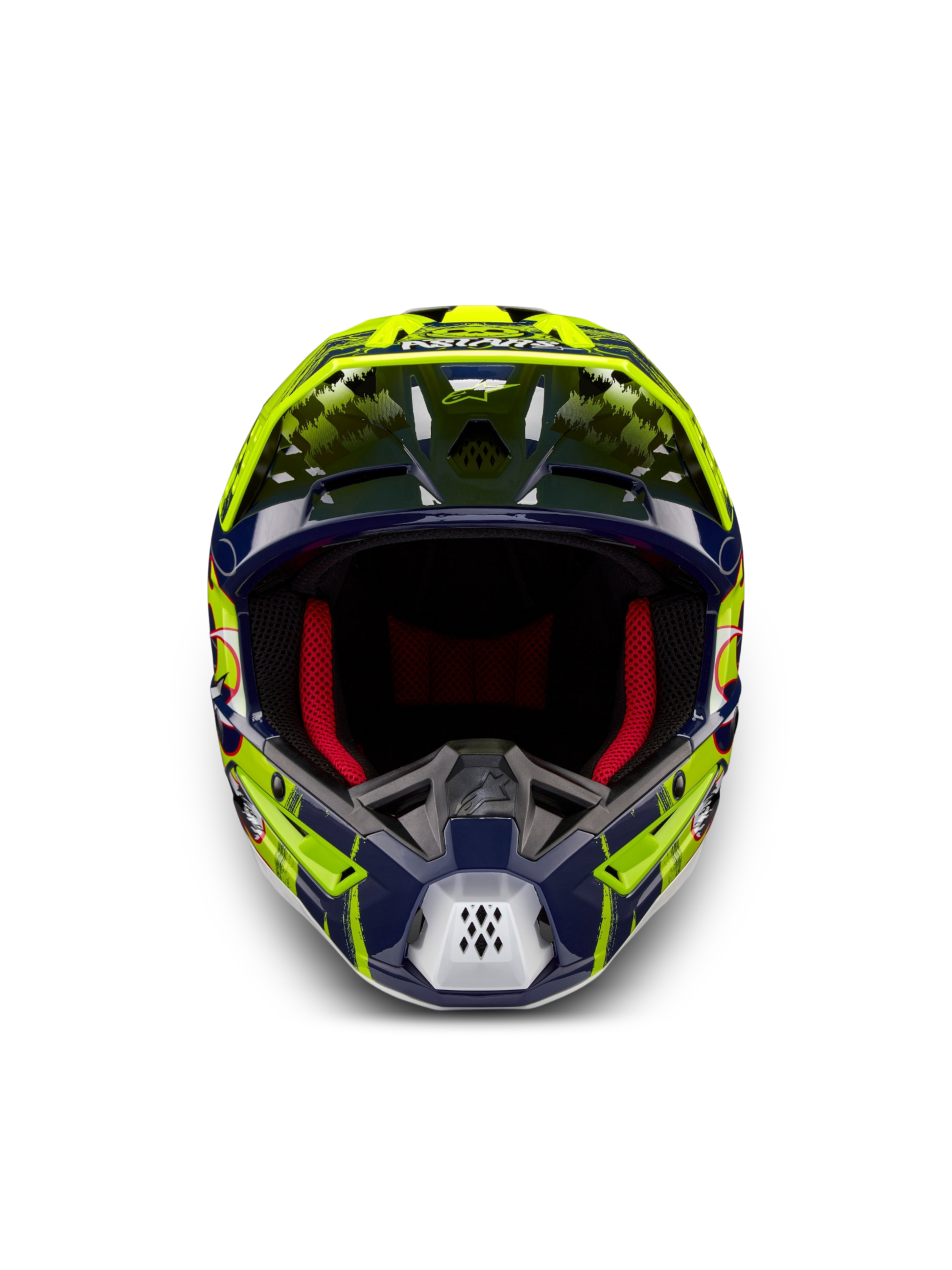 Alpinestars S-M5 Rash hjälm, motocrosshjälm i marinblått och gul fluo, frontvy med röd stoppning, ECE 22.06-certifierad