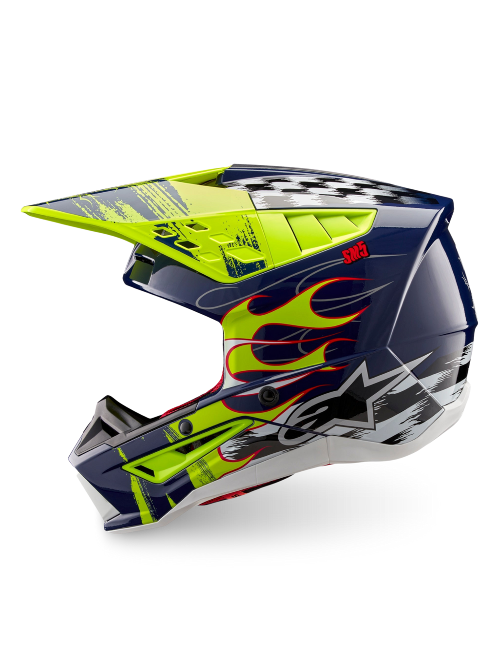 Alpinestars S-M5 Rash hjälm, mörkblå och gul fluo motocrosshjälm med flammor och schackrutig grafik, ECE 22.06