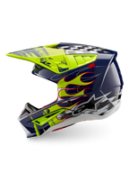 Alpinestars S-M5 Rash hjälm, mörkblå och gul fluo motocrosshjälm med flammor och schackrutig grafik, ECE 22.06
