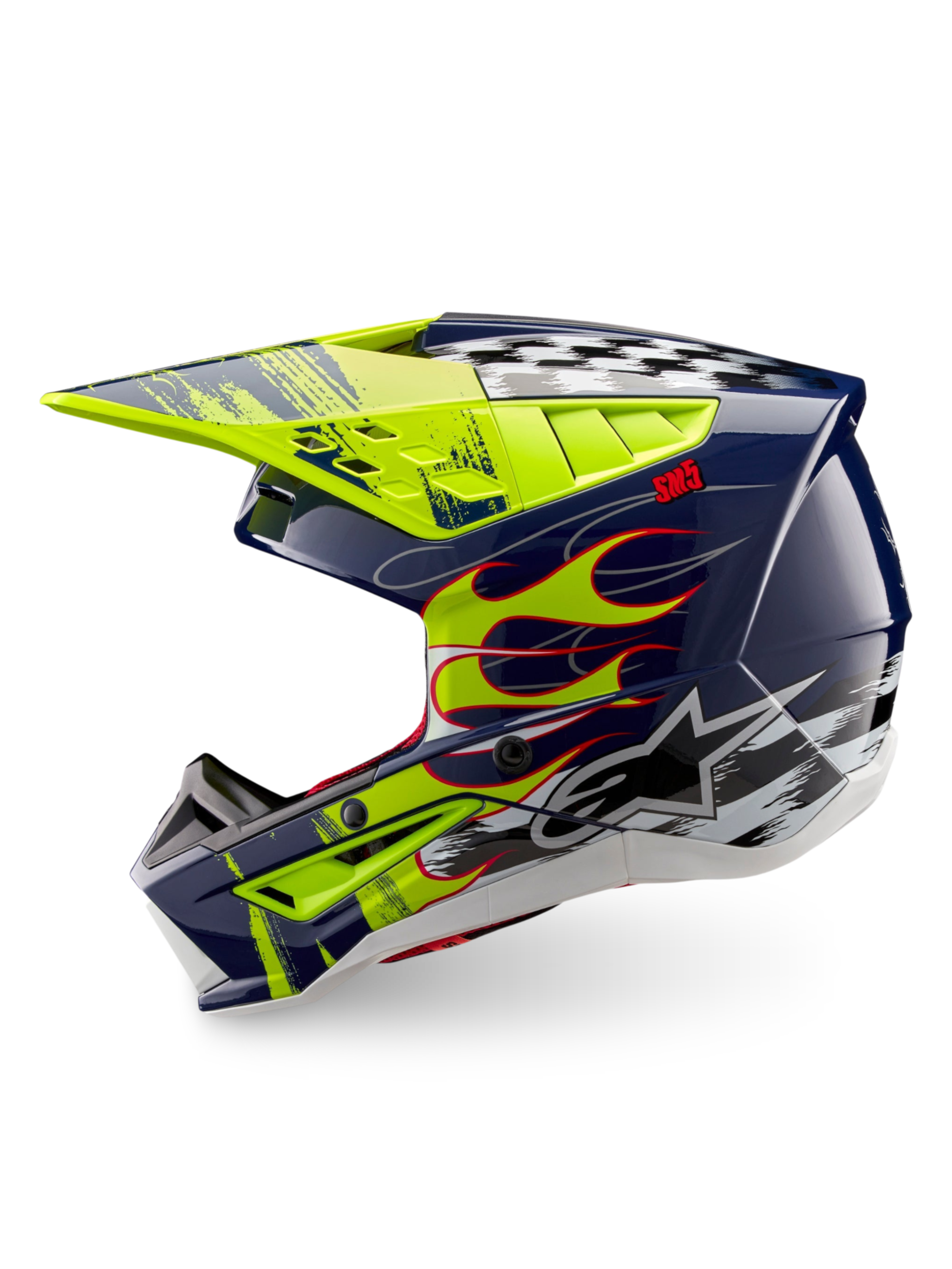 Alpinestars S-M5 Rash hjälm, mörkblå och gul fluo motocrosshjälm med flammor och schackrutig grafik, ECE 22.06