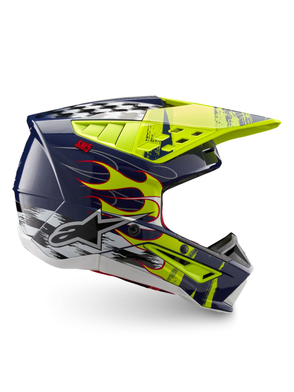 Alpinestars S-M5 Rash hjälm ECE 22.06, motocrosshjälm i mörkblått och neongult med flammor, optimerad för terrängkörning.