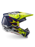 Alpinestars S-M5 Rash hjälm ECE 22.06, motocrosshjälm i mörkblått och neongult med flammor, optimerad för terrängkörning.