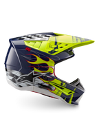 Alpinestars S-M5 Rash hjälm ECE 22.06, motocrosshjälm i mörkblått och neongult med flammor, optimerad för terrängkörning.