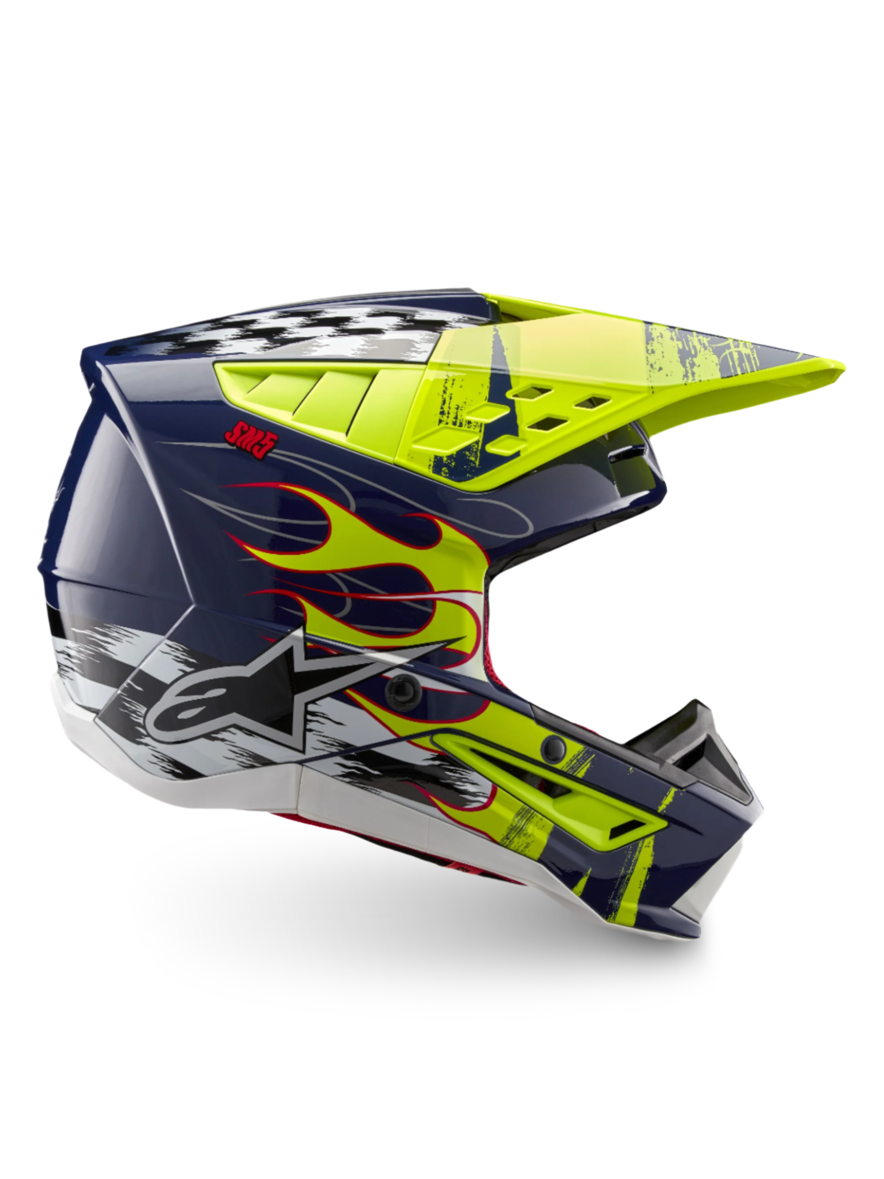 Alpinestars S-M5 Rash hjälm ECE 22.06, motocrosshjälm i mörkblått och neongult med flammor, optimerad för terrängkörning.