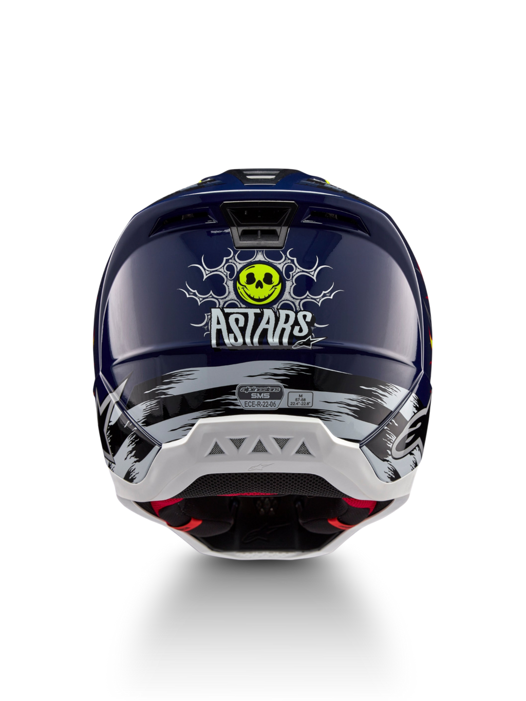 Alpinestars S-M5 Rash hjälm, marinblå och gul motocrosshjälm med dödskalle-grafik bak, ECE 22.06-certifierad.