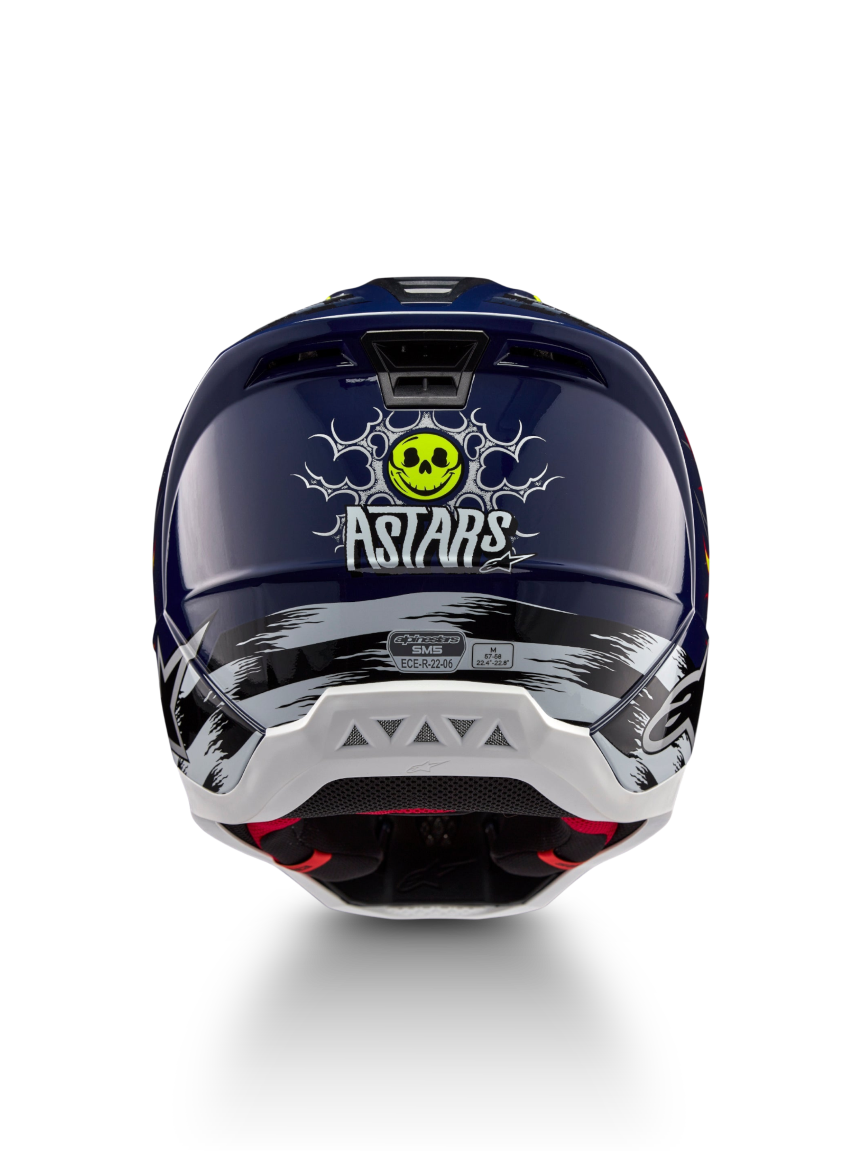 Alpinestars S-M5 Rash hjälm, marinblå och gul motocrosshjälm med dödskalle-grafik bak, ECE 22.06-certifierad.