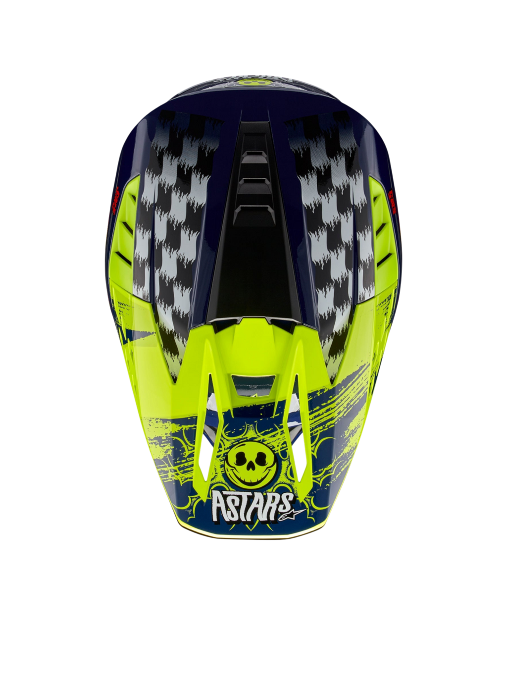 Alpinestars S-M5 Rash hjälm, motocrosshjälm i marinblått och neongult med rutig grafik och Astars-dödskalle.