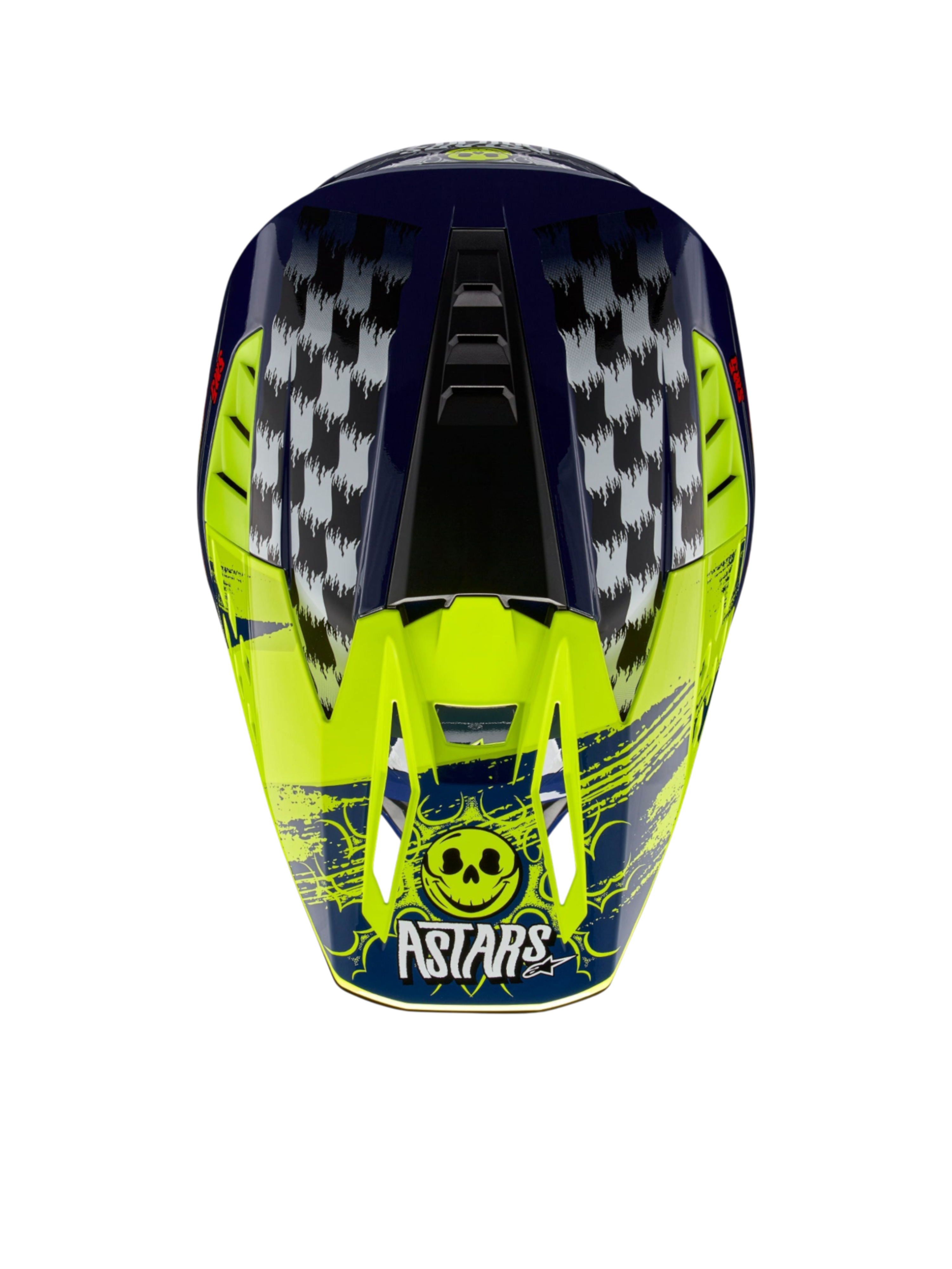 Alpinestars S-M5 Rash hjälm, motocrosshjälm i marinblått och neongult med rutig grafik och Astars-dödskalle.