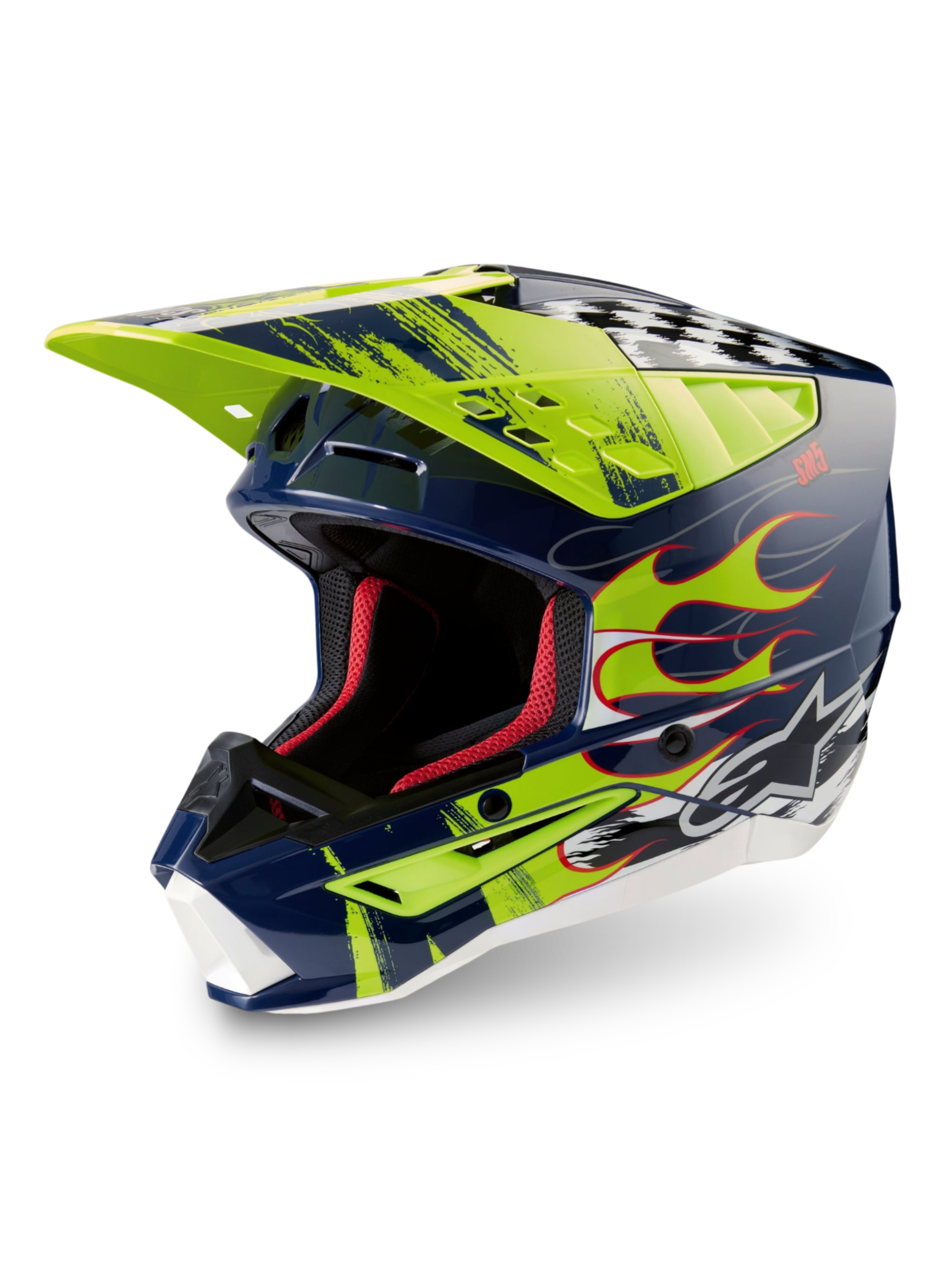 Alpinestars S-M5 Rash hjälm ECE 22.06, glänsande motocrosshjälm i nattmarin och gul fluo med avancerat skydd.