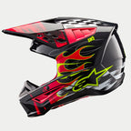 Alpinestars S-M5 Rash Helmet ECE, Motocross Helmet, Dark Gray and Bright Red Glossy, side profile view, bold red flame and splatter graphics, yellow SM5 branding and Astars logo, aerodynamic design with ventilated peak