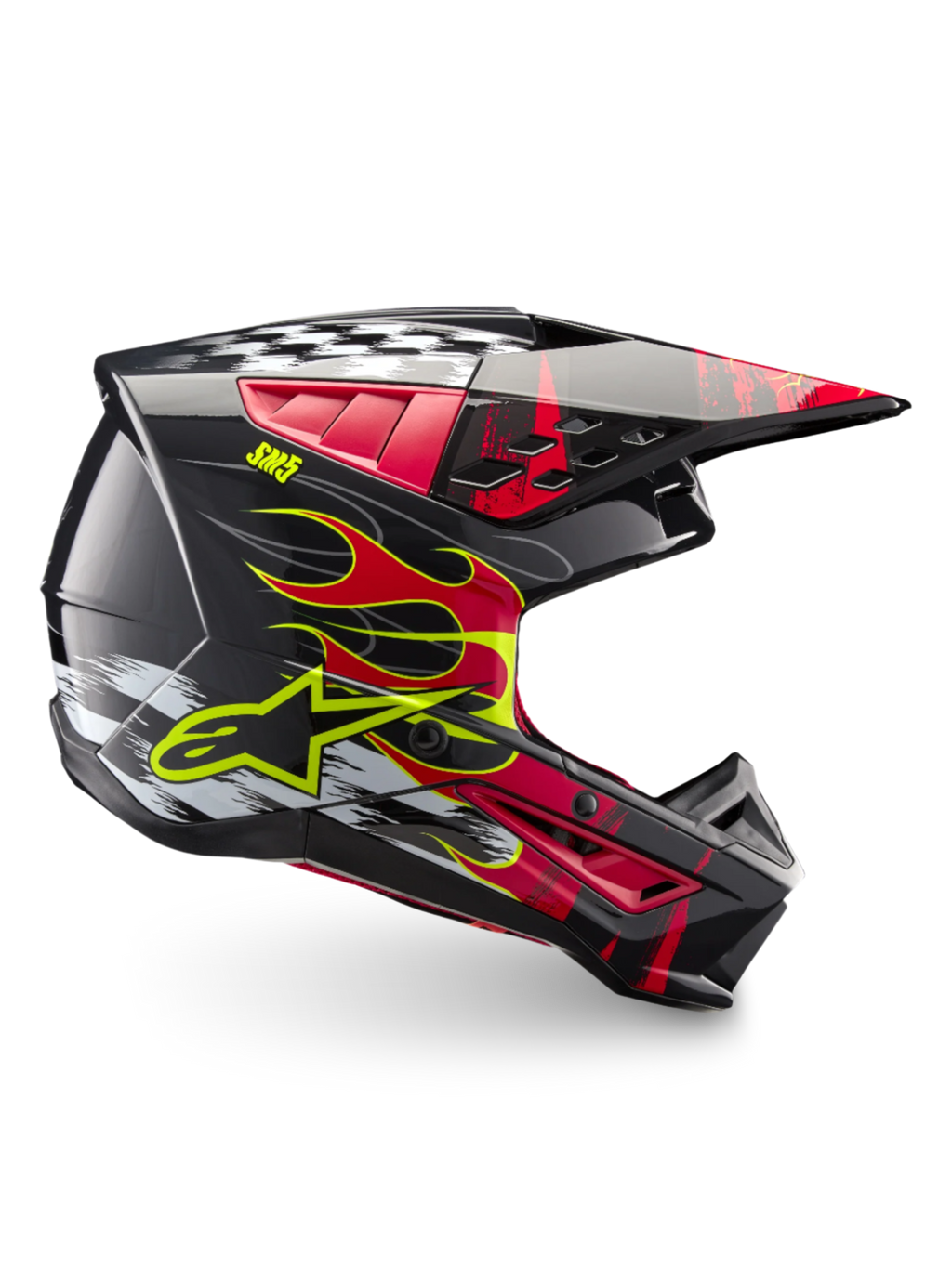 Alpinestars S-M5 Rash Helmet ECE 22.06, Dark Gray and Bright Red Motocross Helmet with flame graphics and lightweight shell.