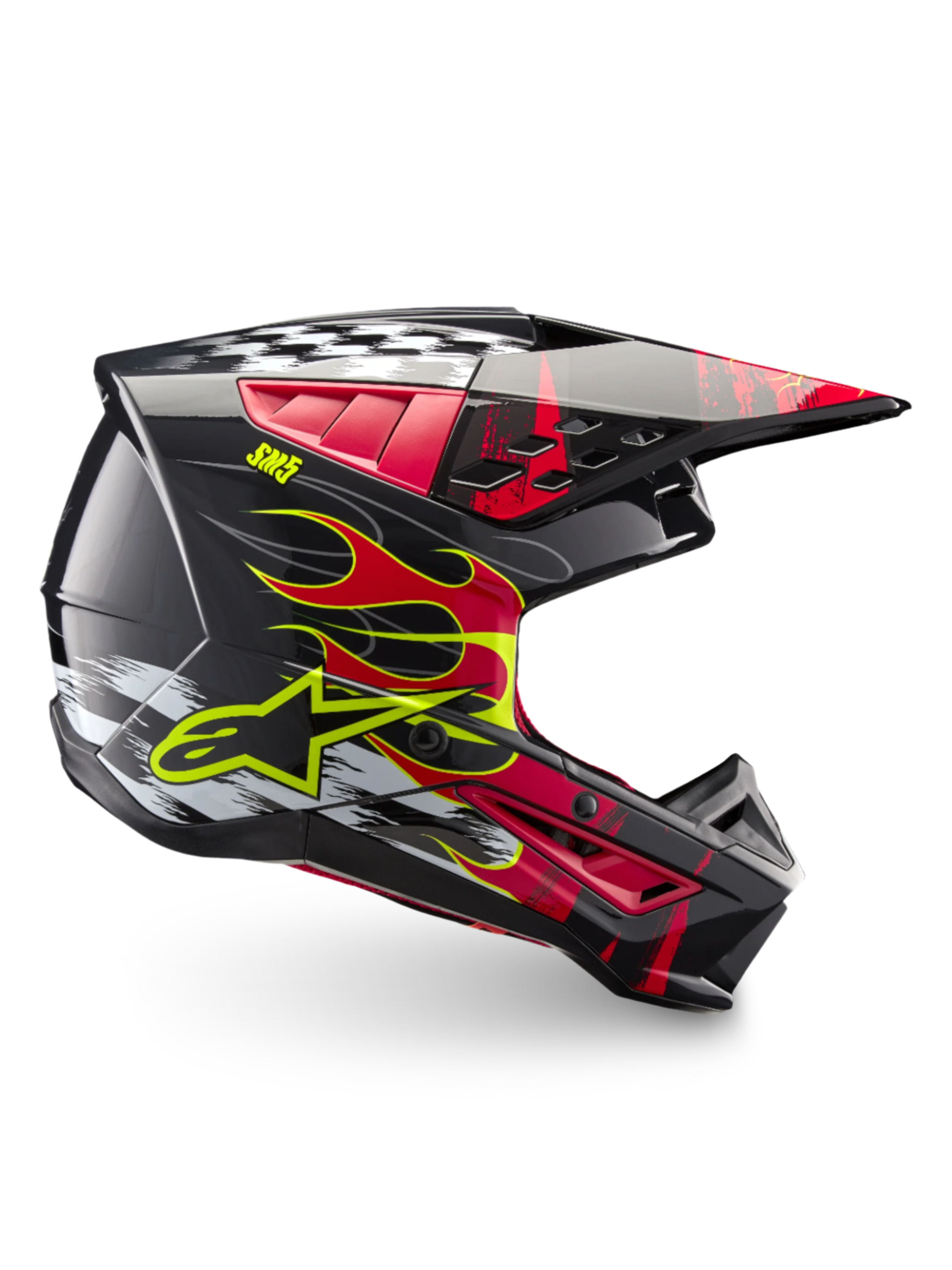 Alpinestars S-M5 Rash hjälm, mörkgrå och ljusröd motocrosshjälm med flammgrafik och lättviktsskal, ECE 22.06-certifierad