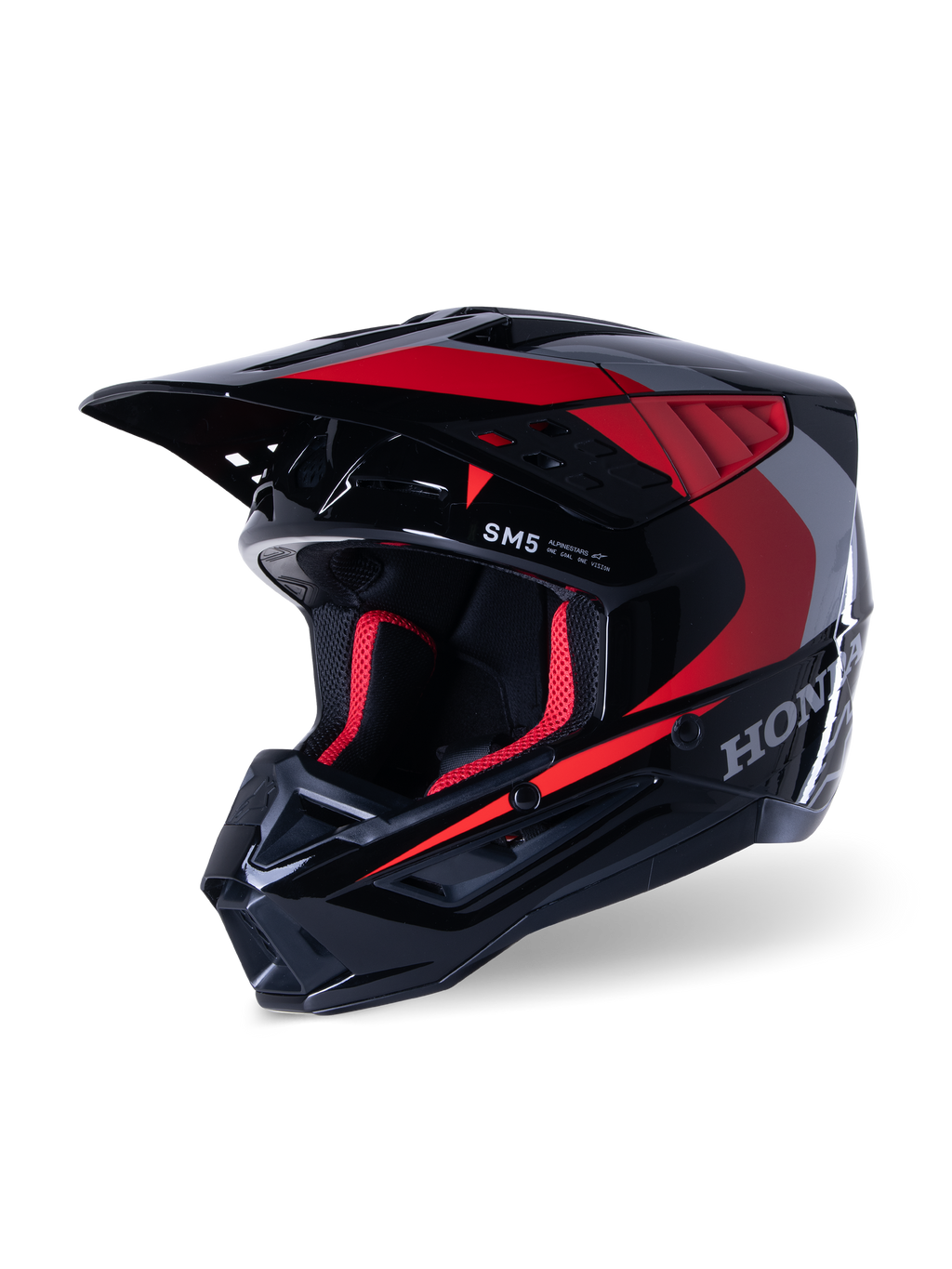 Alpinestars Honda S-M5-hjälm, motocrosshjälm, glansig svart och röd, med silverfärgade Honda-dekaler och SM5-logotyp, aerodynamisk profil med stora luftintag och justerbar skärm, designad för terrängkörning