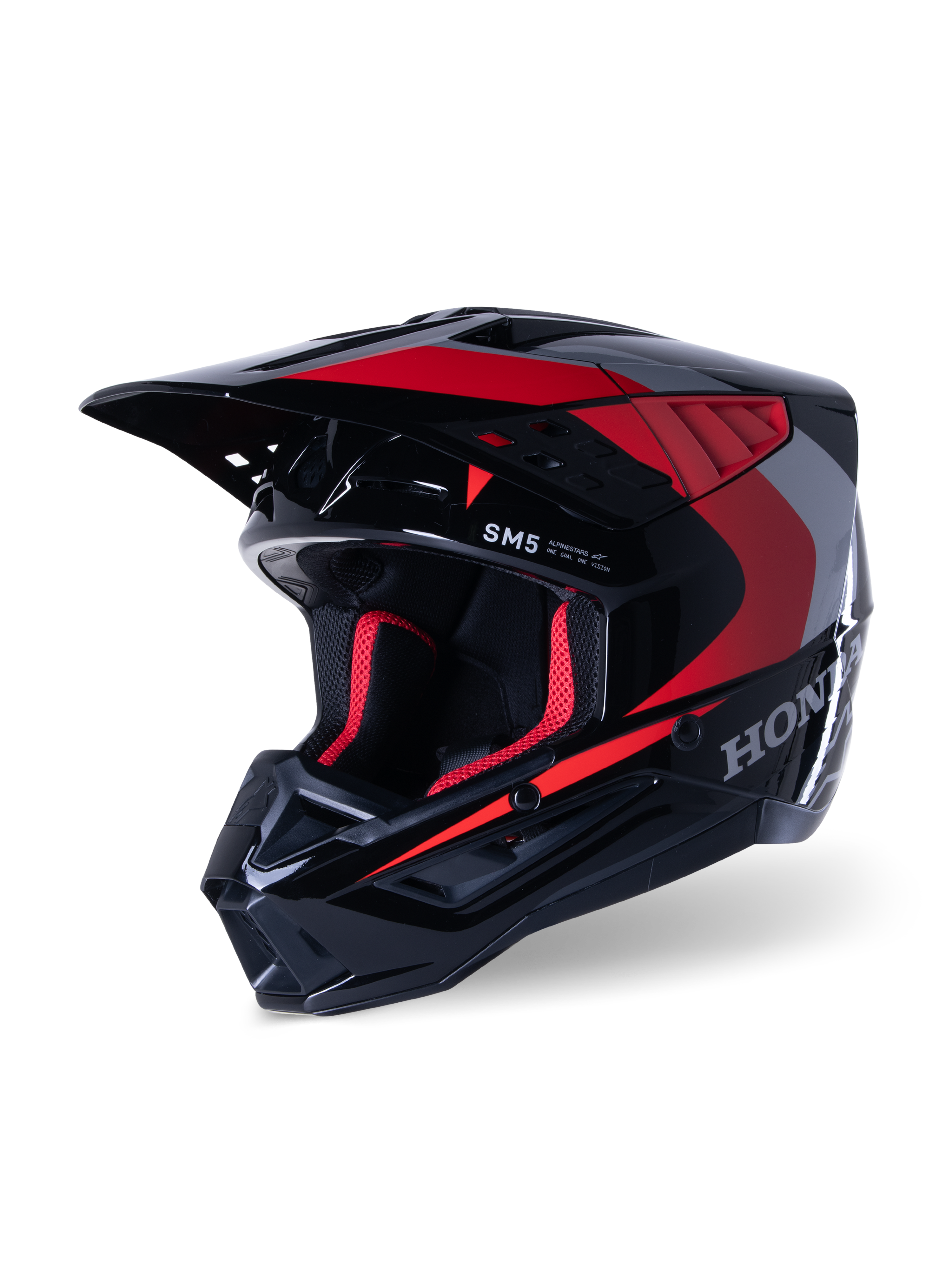 Alpinestars Honda S-M5-hjälm, motocrosshjälm, glansig svart och röd, med silverfärgade Honda-dekaler och SM5-logotyp, aerodynamisk profil med stora luftintag och justerbar skärm, designad för terrängkörning