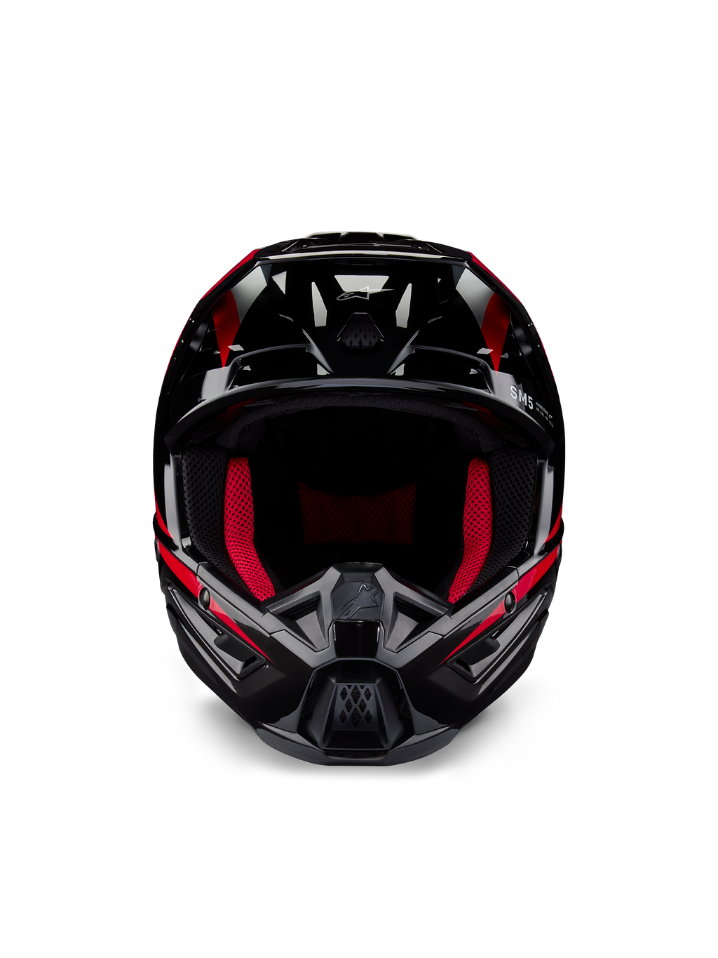 Alpinestars Honda S-M5-hjälm ECE, motocrosshjälm, svart röd glansig, vy framifrån med en glansig svart finish och röd grafik, klarröd invändig vaddering, vinklad design med flera luftintag, högpresterande skydd för motocross