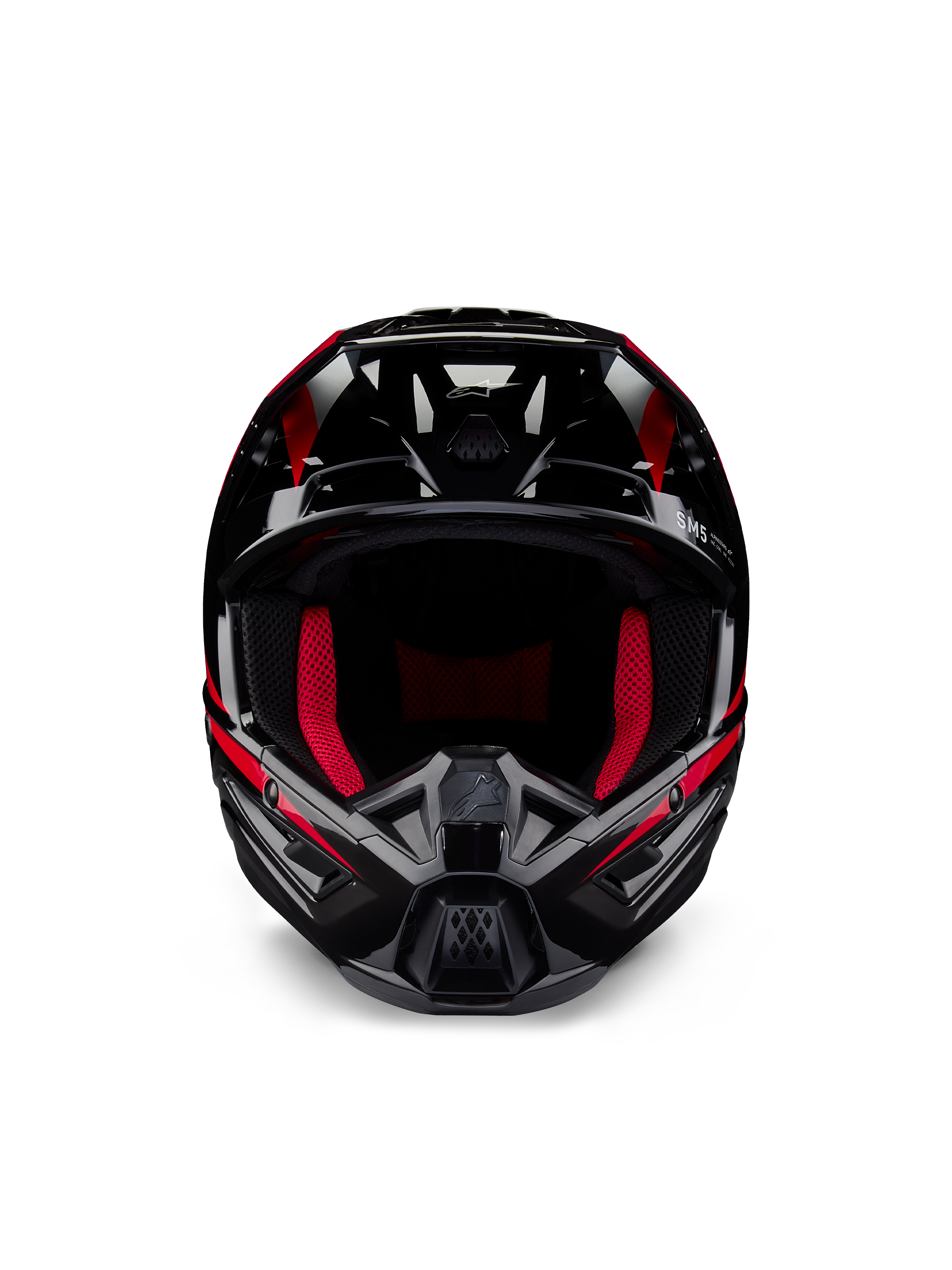 Alpinestars Honda S-M5-hjälm ECE, motocrosshjälm, svart röd glansig, vy framifrån med en glansig svart finish och röd grafik, klarröd invändig vaddering, vinklad design med flera luftintag, högpresterande skydd för motocross