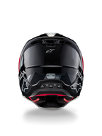 Alpinestars Honda S-M5 ECE-hjälm, motocrosshjälm, blank svart och röd, baksida som visar ett blankt svart skal med vita Honda- och Alpinestars-logotyper, rött innerfoder och ECE-säkerhetscertifieringsetikett