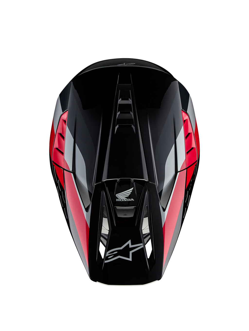 Honda S-M5 Hjälm ECE, motocrosshjälm, svart röd blank med röda och silverfärgade grafiska ränder, vy uppifrån som visar aerodynamiskt skal och ventilerad skärm, Alpinestars- och Honda-logotyper, högpresterande off-road-utrustning