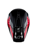 Honda S-M5 Hjälm ECE, motocrosshjälm, svart röd blank med röda och silverfärgade grafiska ränder, vy uppifrån som visar aerodynamiskt skal och ventilerad skärm, Alpinestars- och Honda-logotyper, högpresterande off-road-utrustning