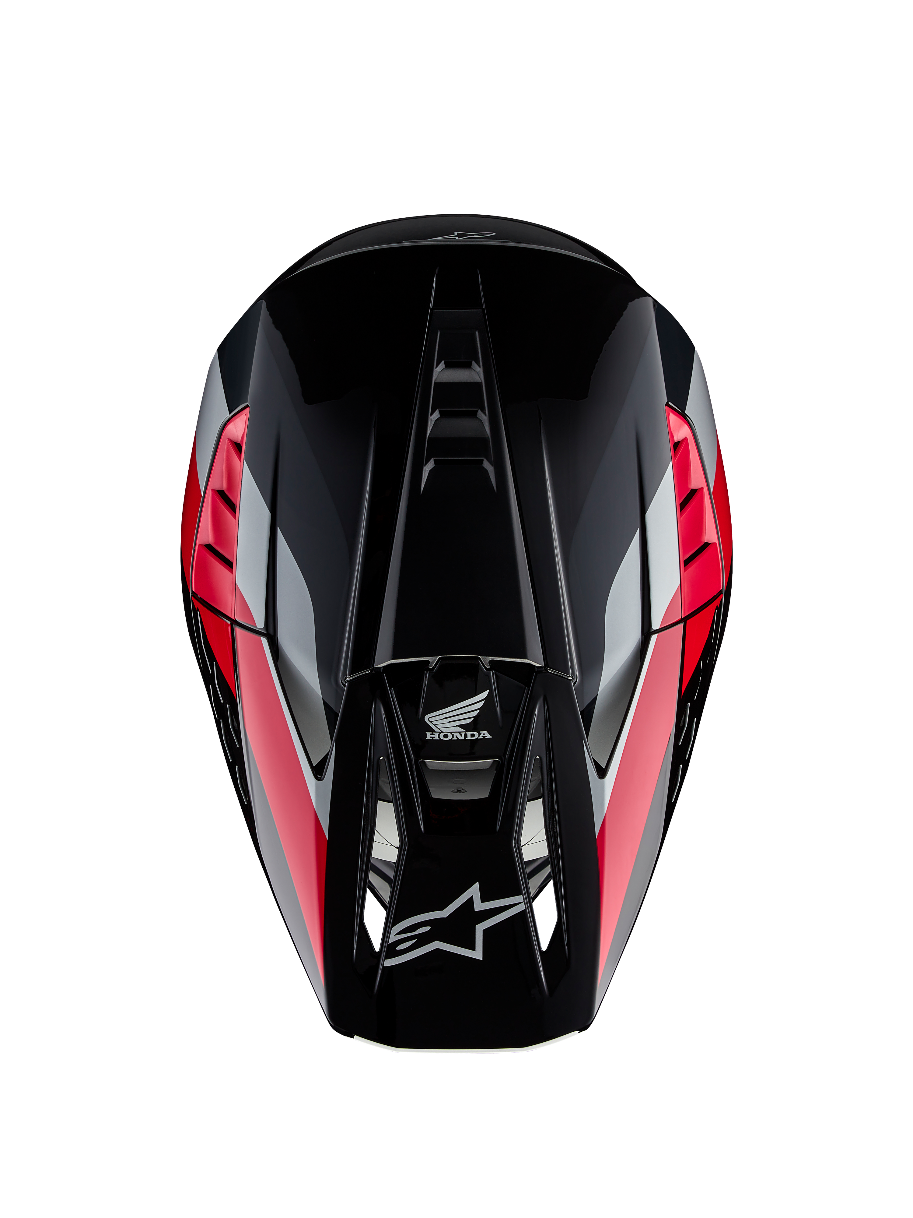 Honda S-M5 Hjälm ECE, motocrosshjälm, svart röd blank med röda och silverfärgade grafiska ränder, vy uppifrån som visar aerodynamiskt skal och ventilerad skärm, Alpinestars- och Honda-logotyper, högpresterande off-road-utrustning