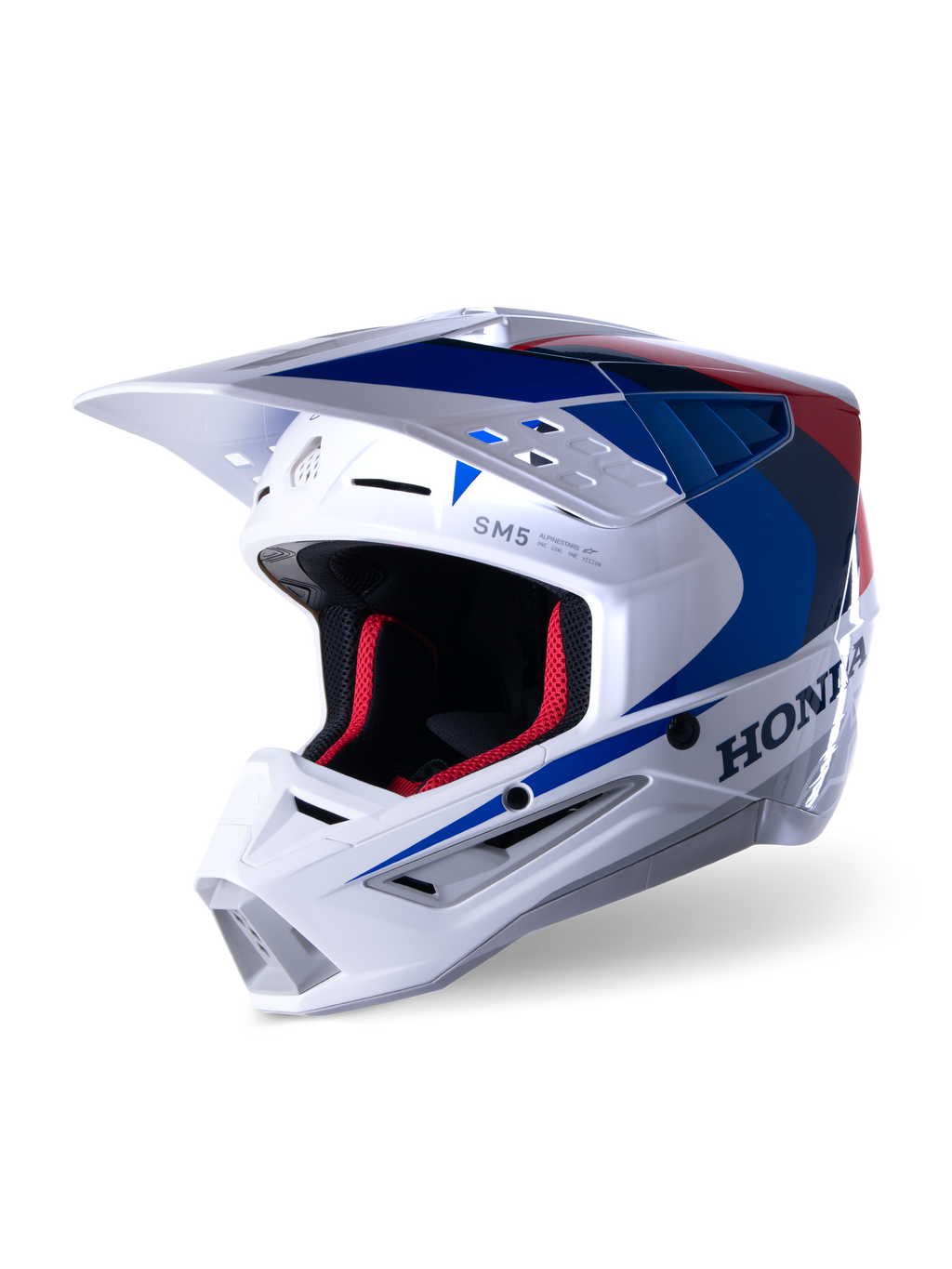 Alpinestars Honda S-M5-hjälm ECE, motocrosshjälm, vit, blå och röd glansig, med tydlig Honda-logotyp på sidan, röd mesh-vaddering invändigt, aerodynamiskt visir med integrerade luftventiler, strömlinjeformad grafisk design för terrängkörning
