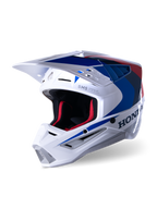Alpinestars Honda S-M5-hjälm ECE, motocrosshjälm, vit, blå och röd glansig, med tydlig Honda-logotyp på sidan, röd mesh-vaddering invändigt, aerodynamiskt visir med integrerade luftventiler, strömlinjeformad grafisk design för terrängkörning